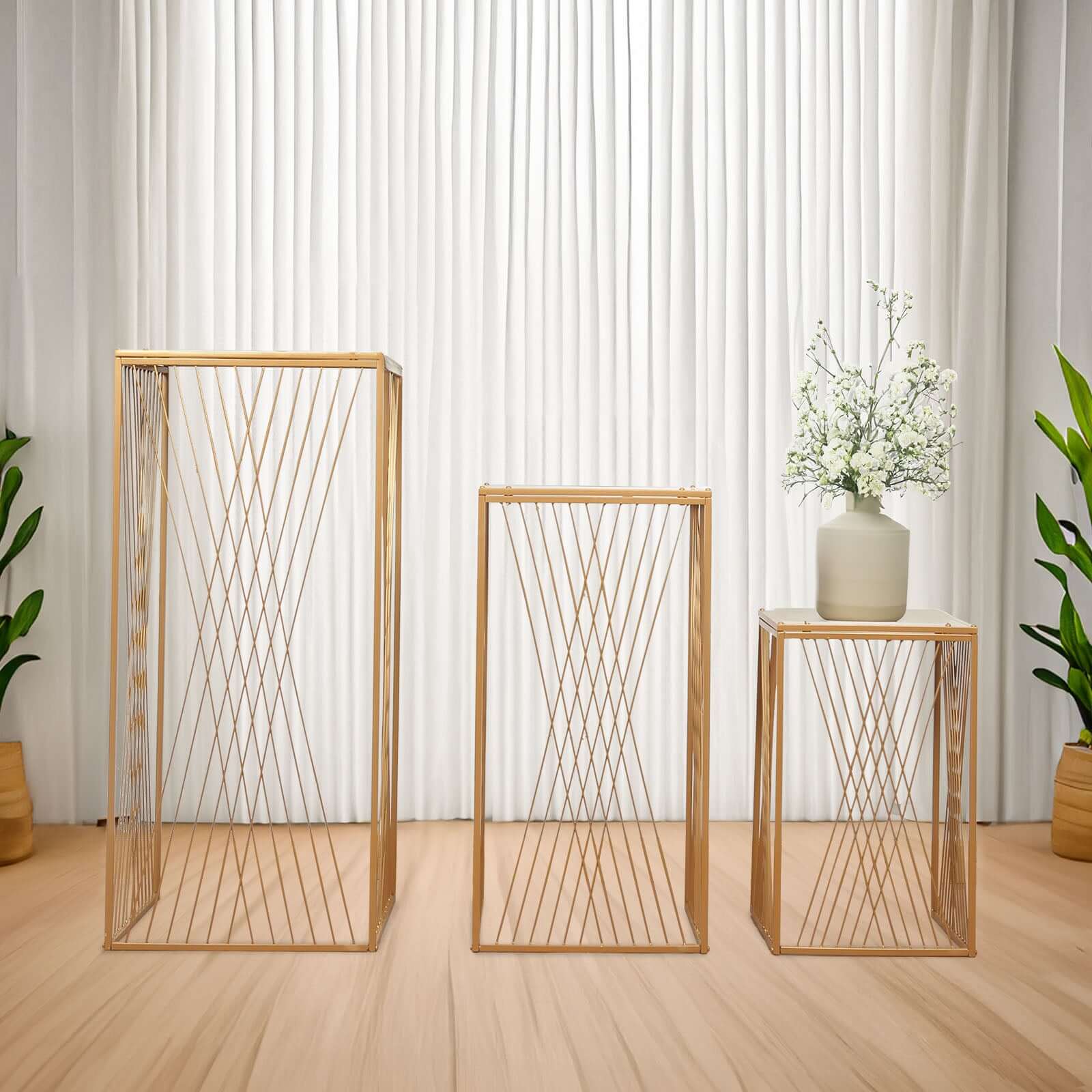 Set of 3 Gold Metal Rectangular Plant Stands with Geometric Crossed Lines Pattern, Nesting Cake Dessert Tables Floral Display Stands - 19",27",35"