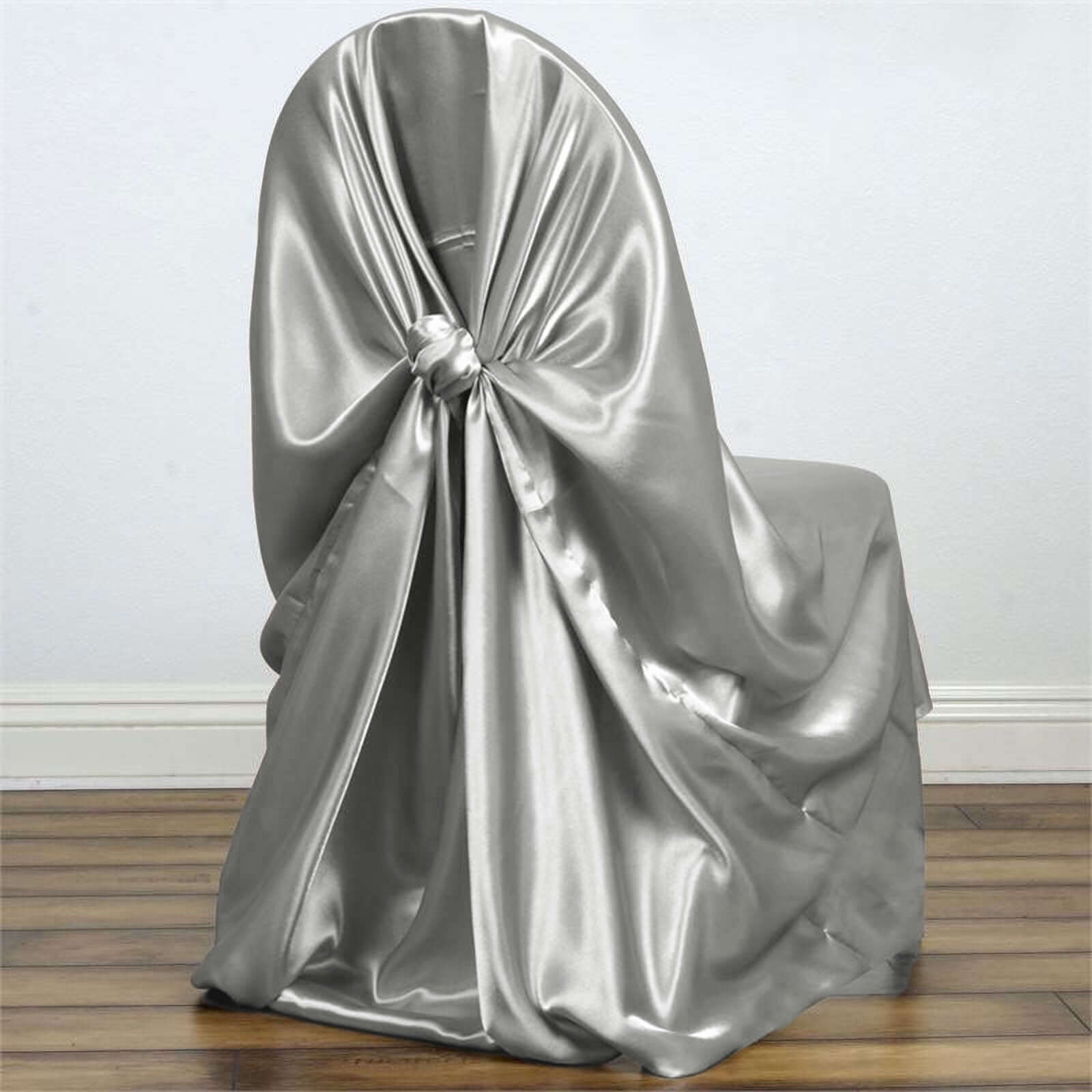 Satin Chair Cover Self-Tie Universal Design Silver - Durable Slip-On Cover for Folding, Dining, Banquet & Standard Chairs