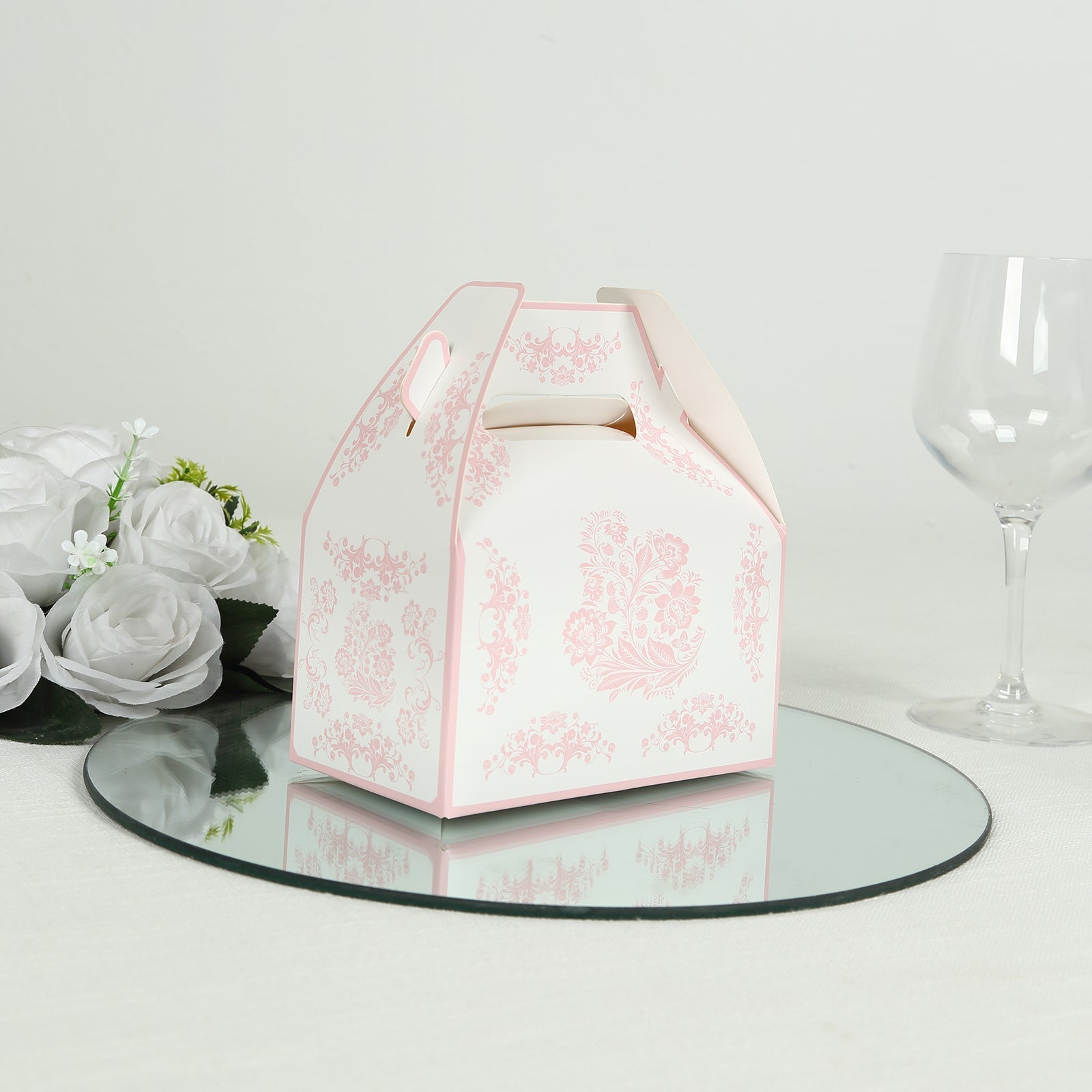 25 Pack White Pink Candy Gift Tote Gable Boxes in Damask Floral Pattern, Party Favor Treat Boxes - 6"x3.5"x7"