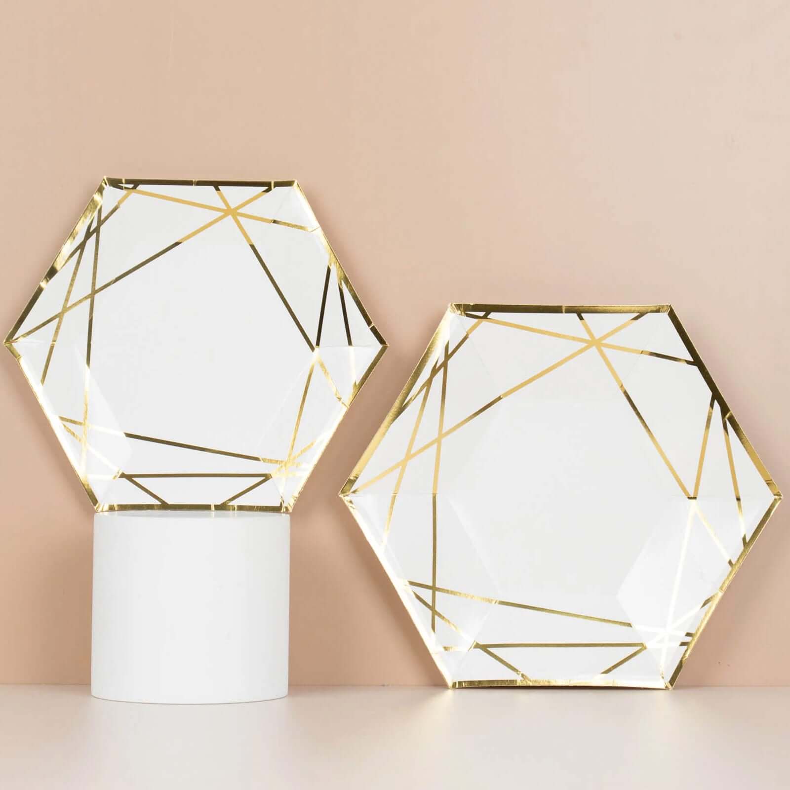 25-Pack Paper 7" Hexagon Dessert Plates in White with Gold Geometric Lines & Rim - Stylish Disposable Geometric 300GSM Appetizer Salad Plates for Events & Banquets