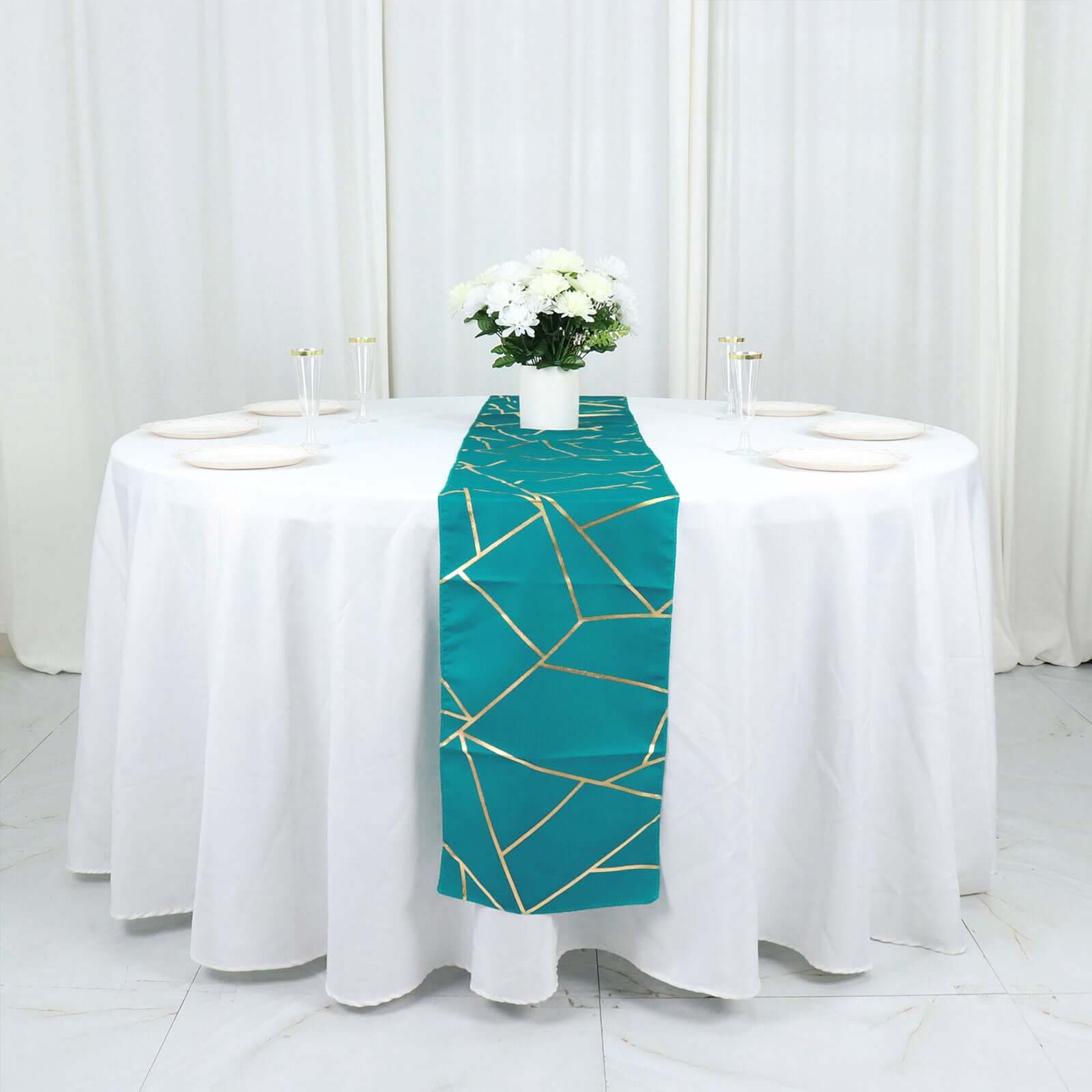 Polyester 9ft Table Runner Teal with Gold Foil Modern Geometric Accent