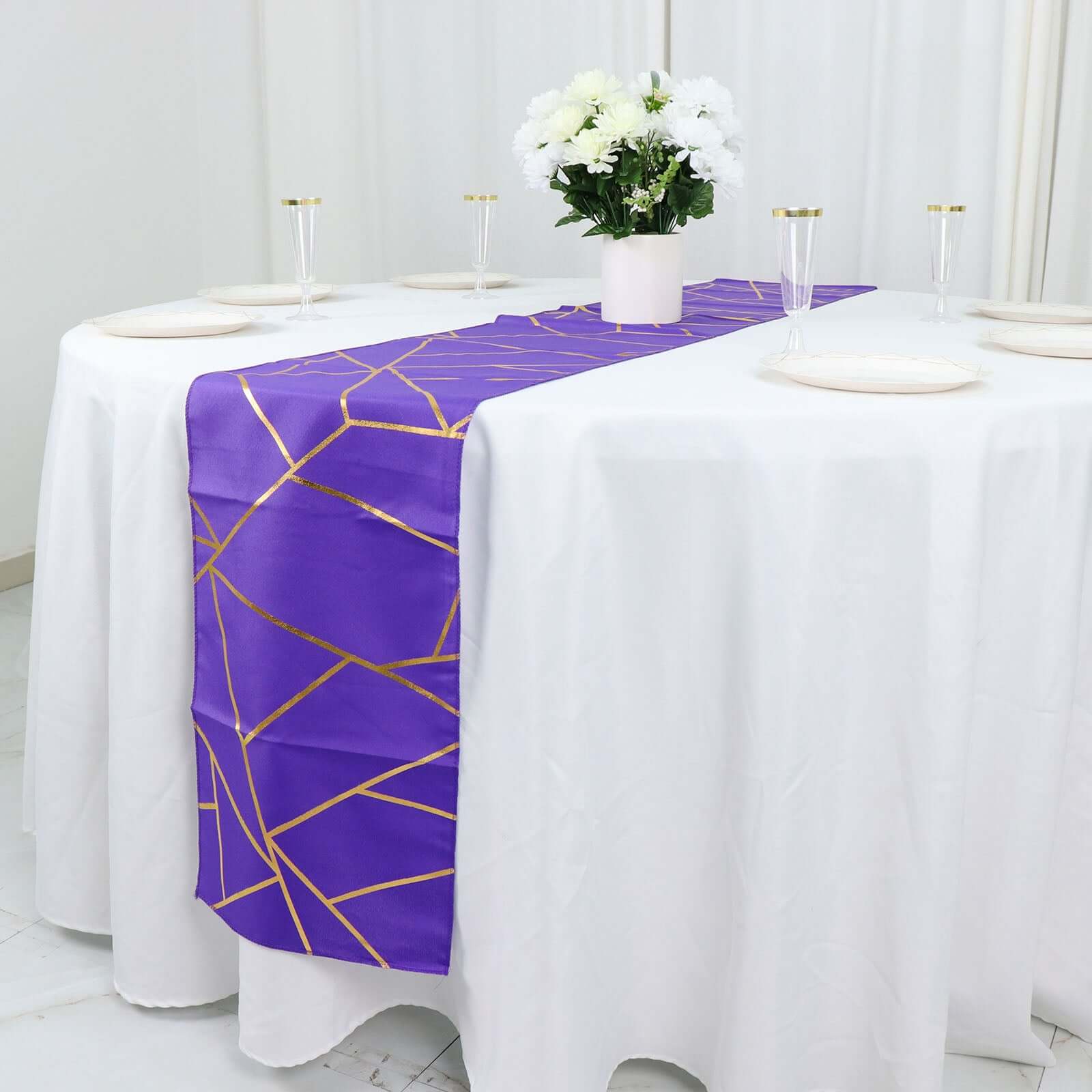 Polyester 9ft Table Runner Purple with Gold Foil Modern Geometric Accent
