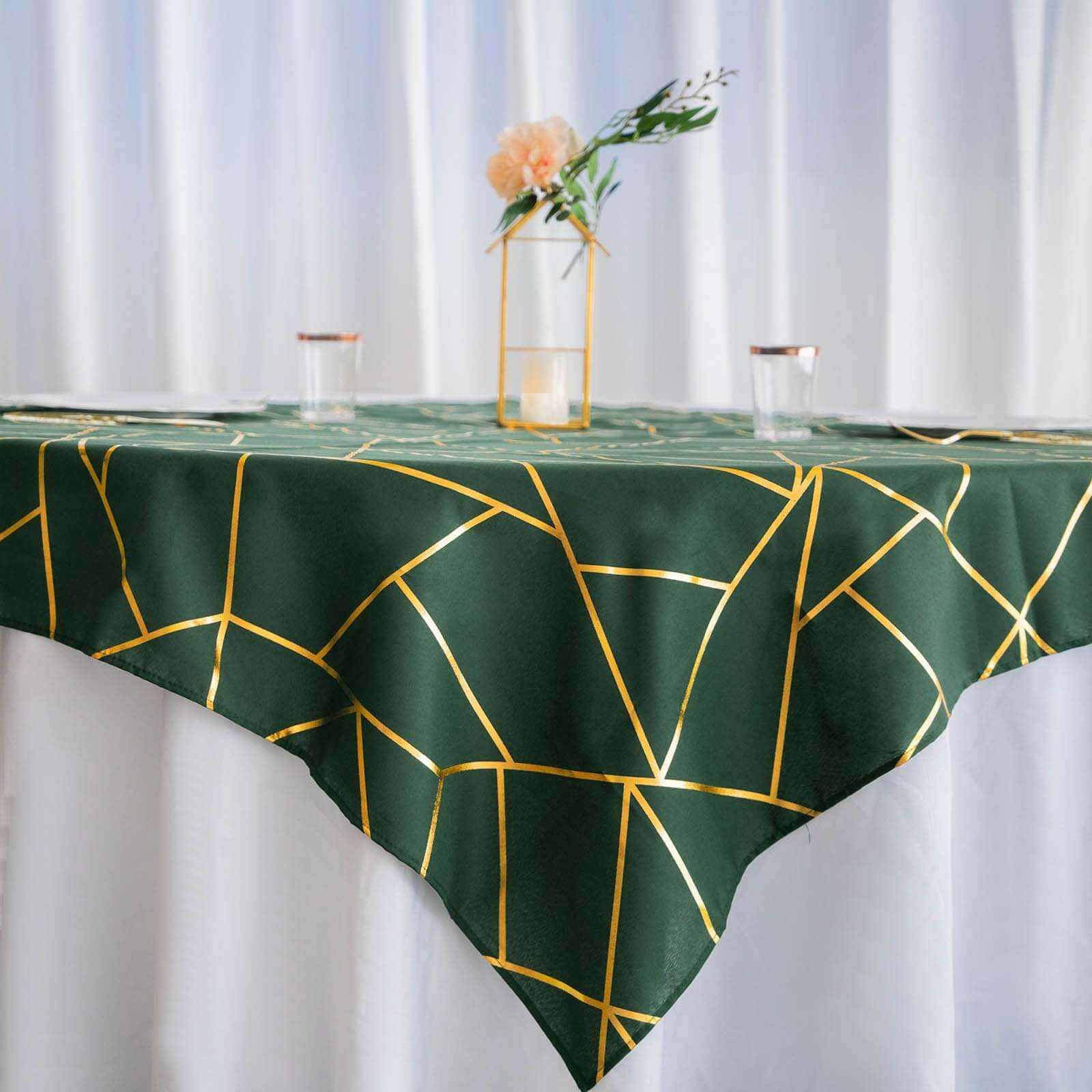 Polyester 54"x54" Square Tablecloth Hunter Emerald Green with Gold Foil Geometric Pattern - Wrinkle-Resistant & Durable Table Cover