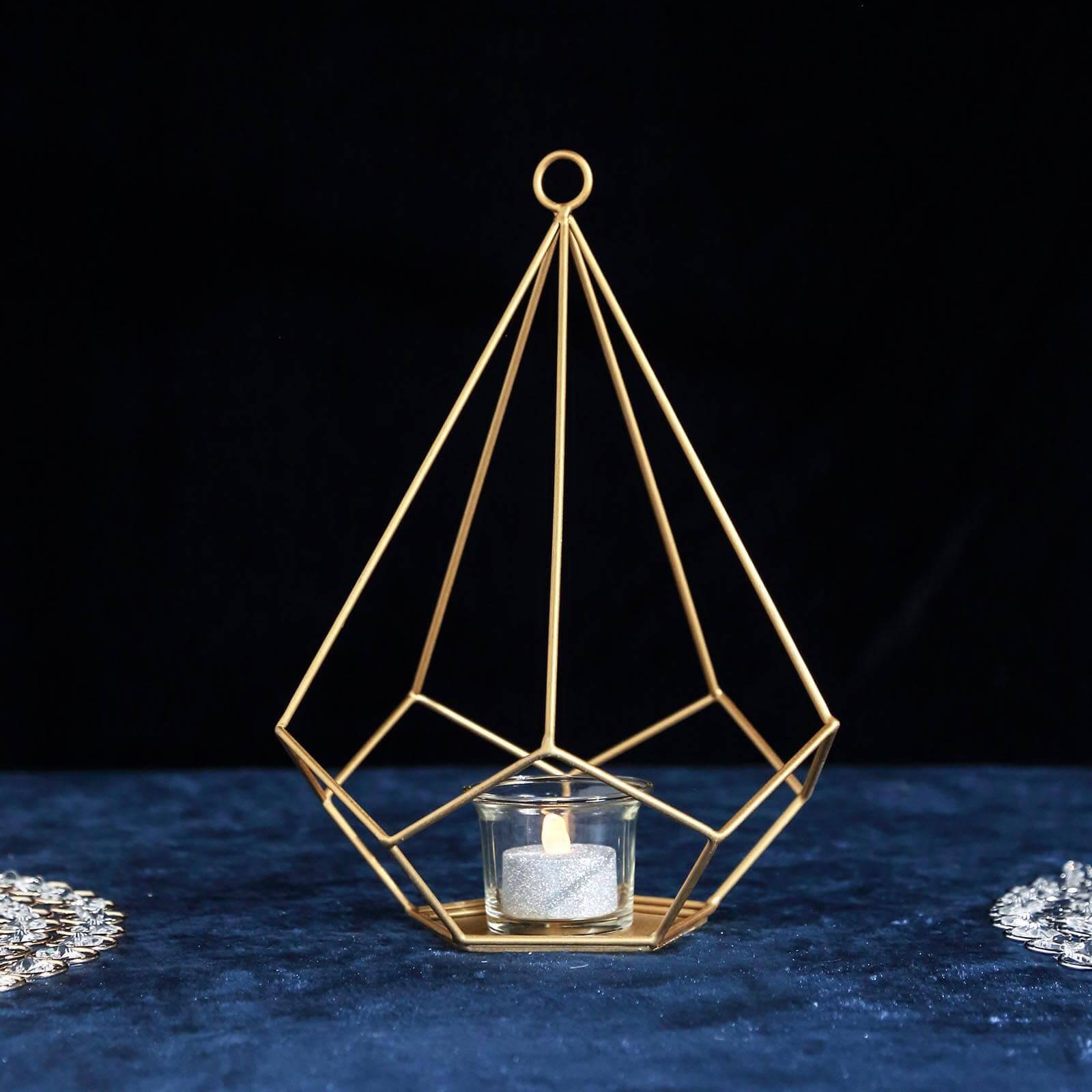 2-Pack Tealight Candle Holders Gold Metal Pentagon Geometric Open Frame - Flower Stand 9"