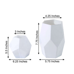 Set of 2 Glass Flower Vases Geometric Design Matte White - Stylish Modern Candle Holder Centerpieces 5", 8"