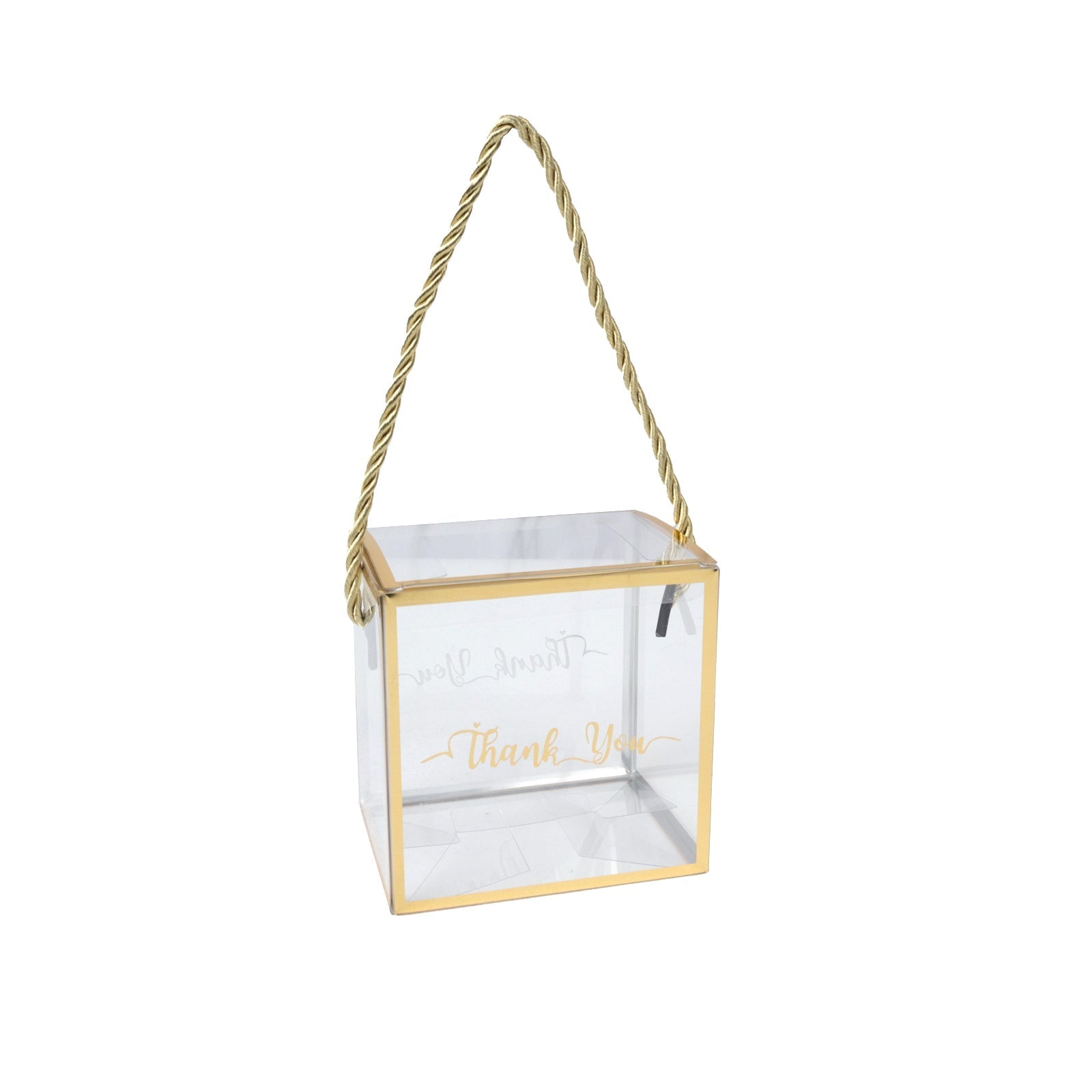 25 Pack Plastic Clear Square Gift Boxes with Gold Trim - Transparent Favor Boxes, Rope Handle, Pre-Printed Thank You Message - 4"x4"