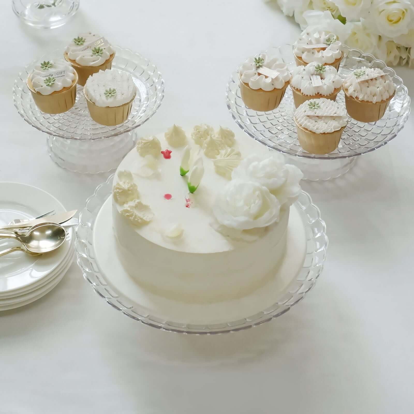 Set of 3 Plastic Cupcake Stands Clear Pressed Glass Pattern - Modern Stackable & Reusable Cake Dessert Pedestal Display Holders with Scalloped Edges 8", 10", 12"