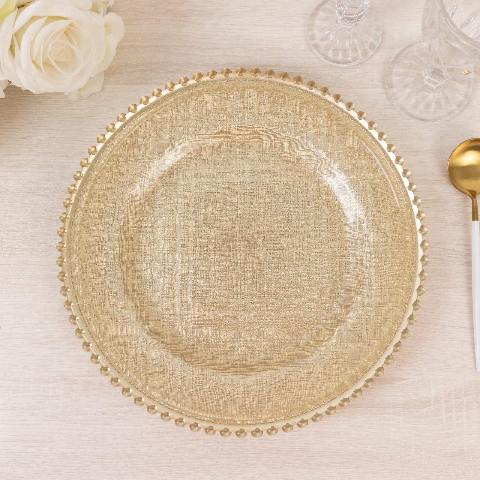 8-Pack Glass Round Charger Plates 12" in Gold with Beaded Rim & Cross-Stitch Pattern, Event Tabletop Decorative Dinner Charger Tableware
