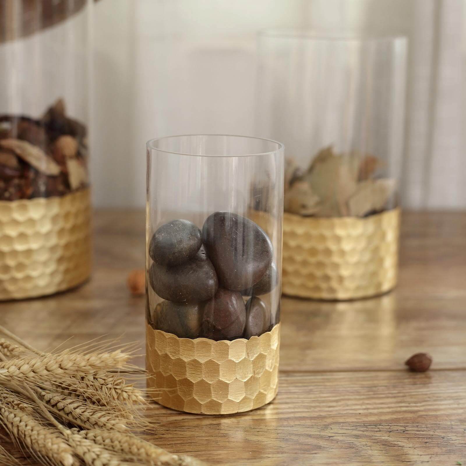Set of 3 Glass Cylinder Vases Honeycomb Design Clear with Gold Base - Decorative Candle Holder Centerpieces 6", 8", 10"