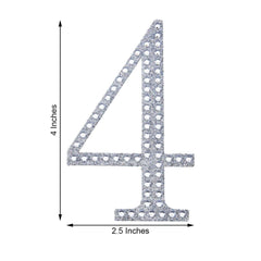 Decorative Rhinestone Number "4" Stickers, Glitter Adhesive Craft Numbers Silver DIY Sparkle Embellishments 4"