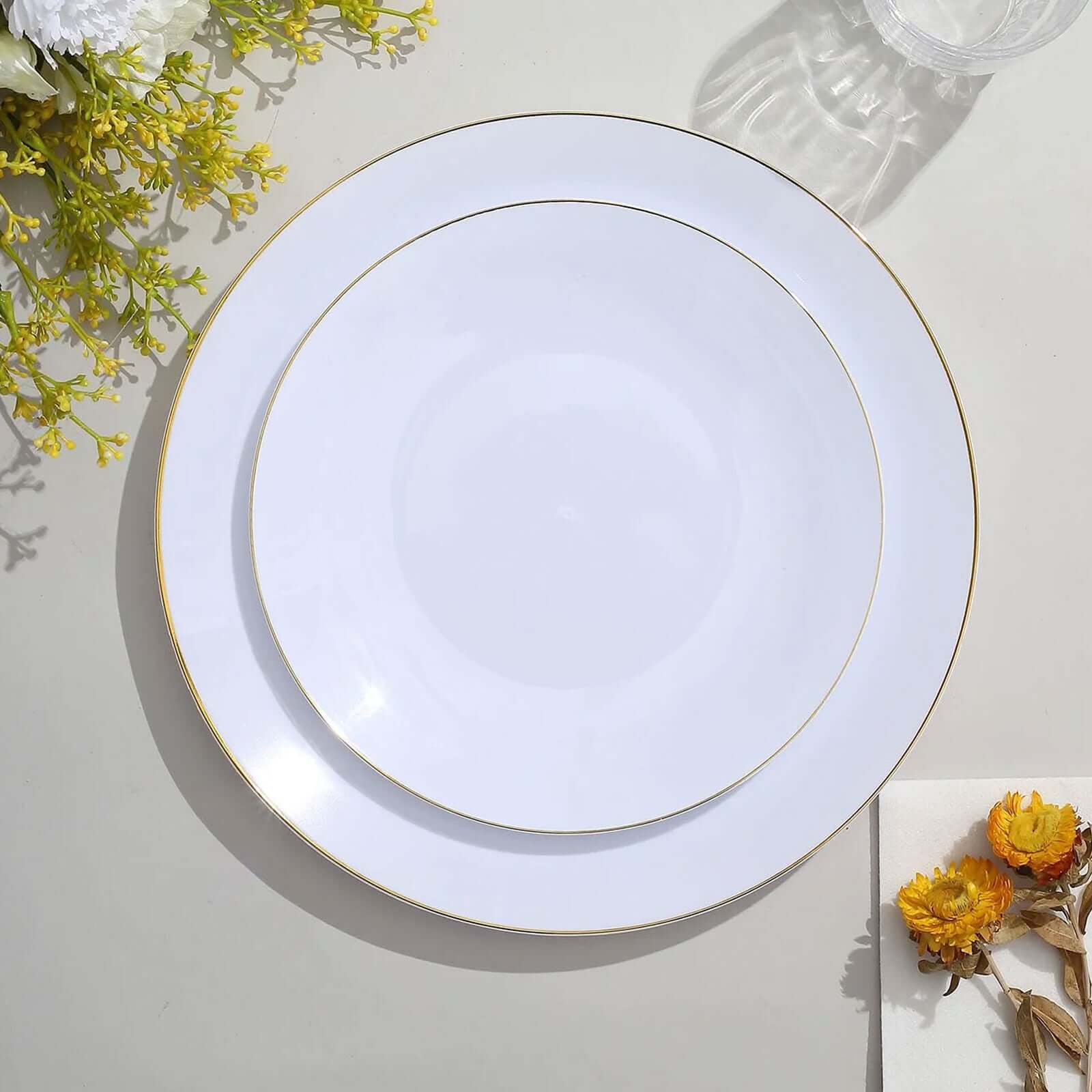 10-Pack Plastic 8" Round Dessert Plates in White with Gold Rim - Glossy Disposable Appetizer Salad Plates for Banquets & Special Occasions