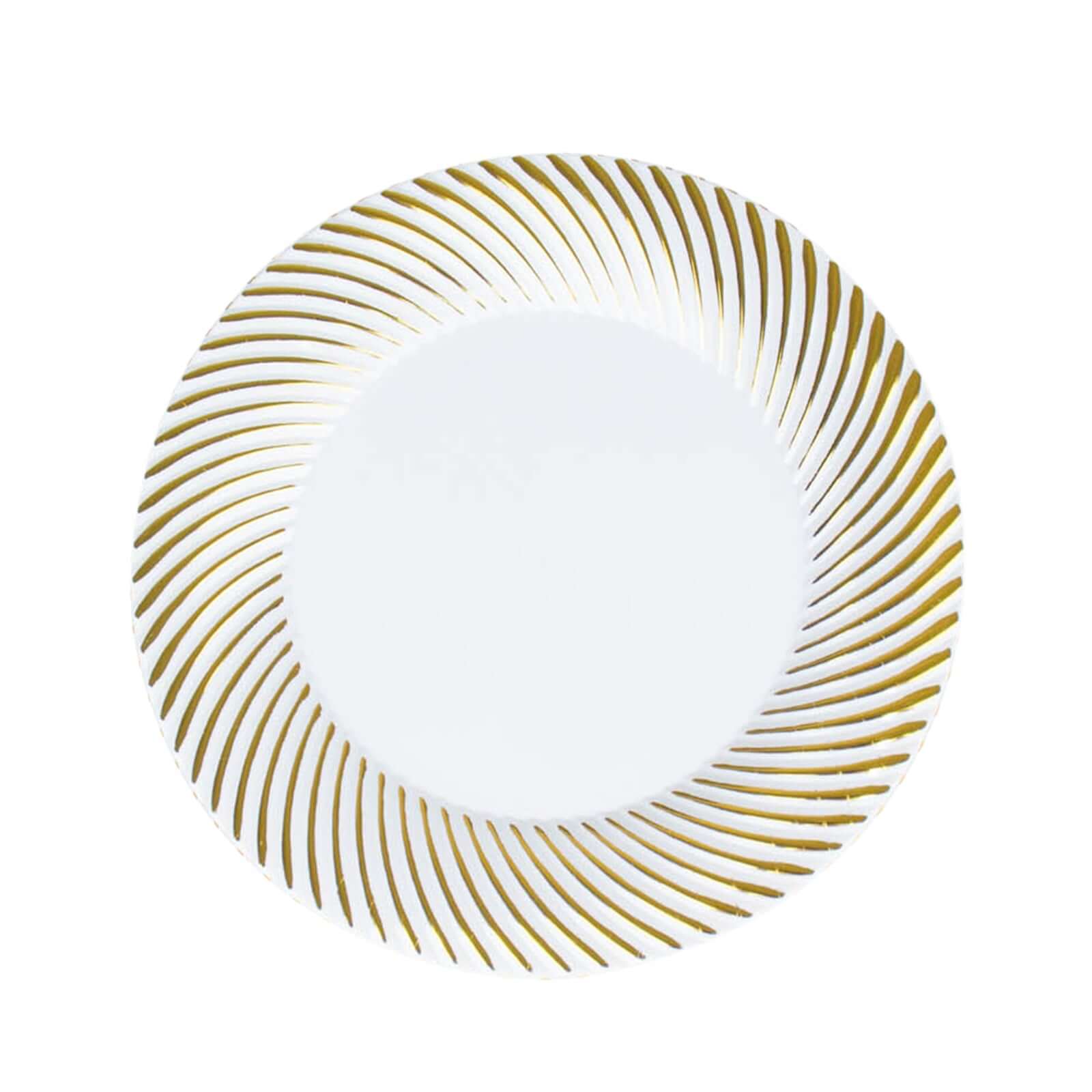 10-Pack Plastic 7" Round Dessert Plates in White with Gold Swirl Rim - Disposable Salad Plates for Classy Events & Banquets