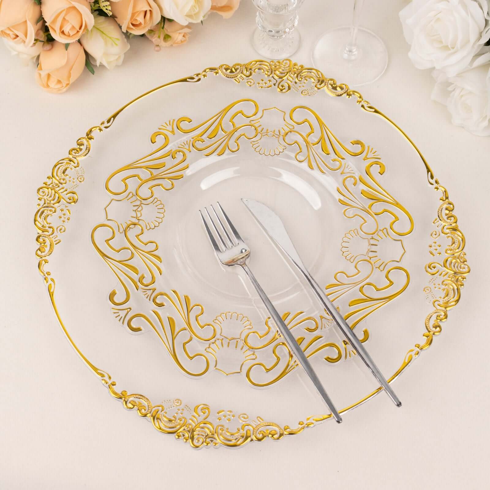 10-Pack Plastic 8" Round Dessert Plates in Clear with Gold Vintage Baroque Scalloped Rim - European Style Disposable Salad Appetizer Plates