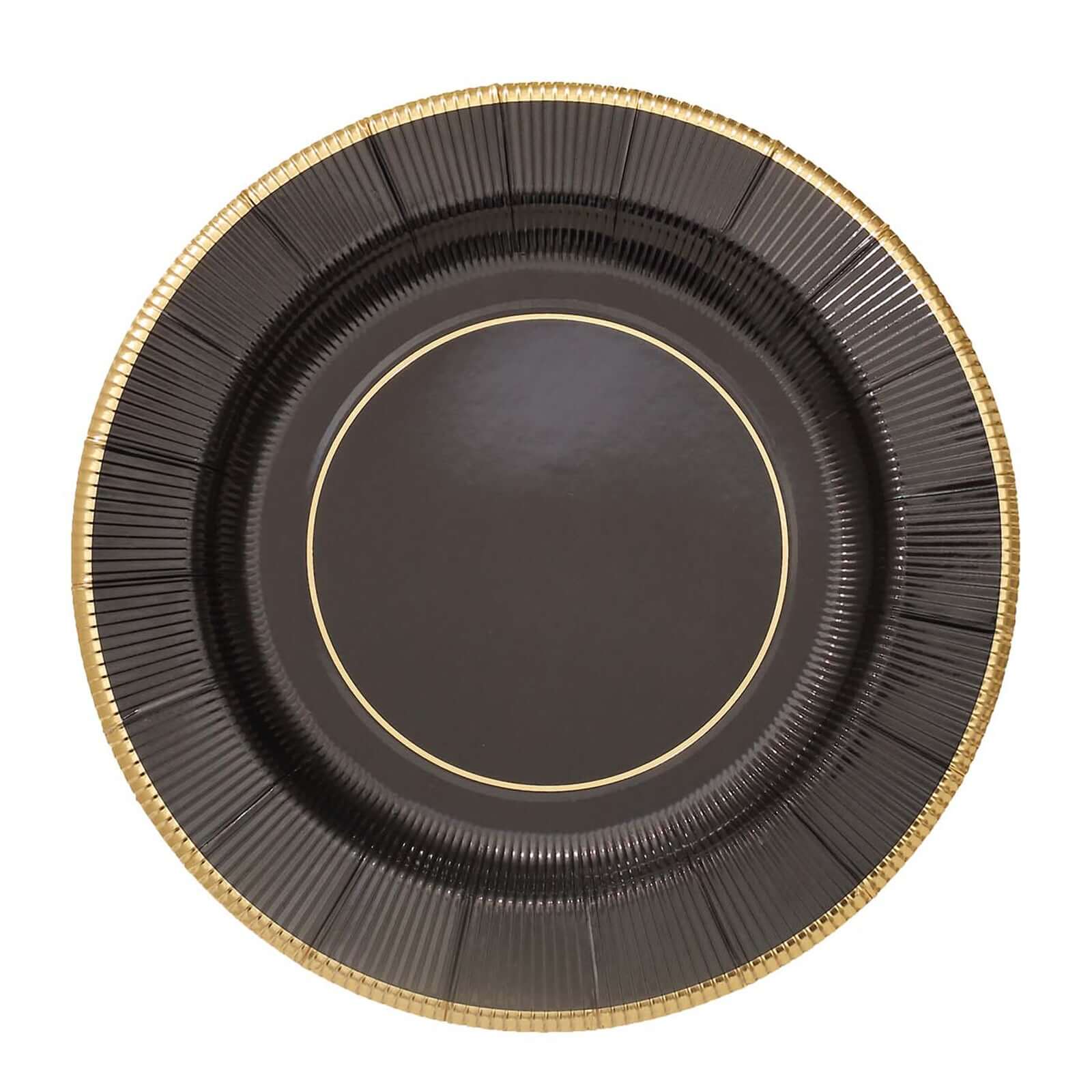 25-Pack Disposable Round Charger Plates in Black Sunray Design with Gold Rim - 350GSM Heavy Duty Paper Chargers 13"