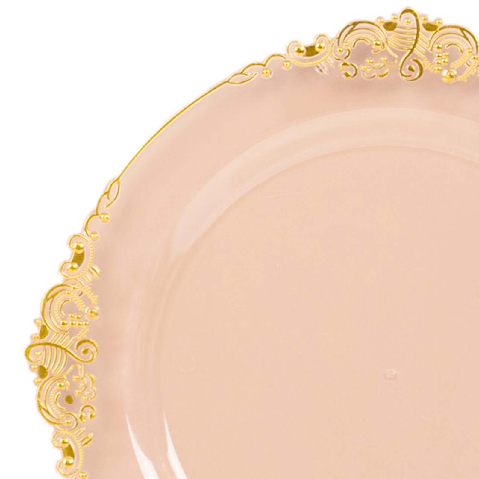 10-Pack Plastic 10" Round Dinner Plates in Transparent Blush with Gold Leaf Embossed Rim - Disposable Vintage Baroque Style Plates