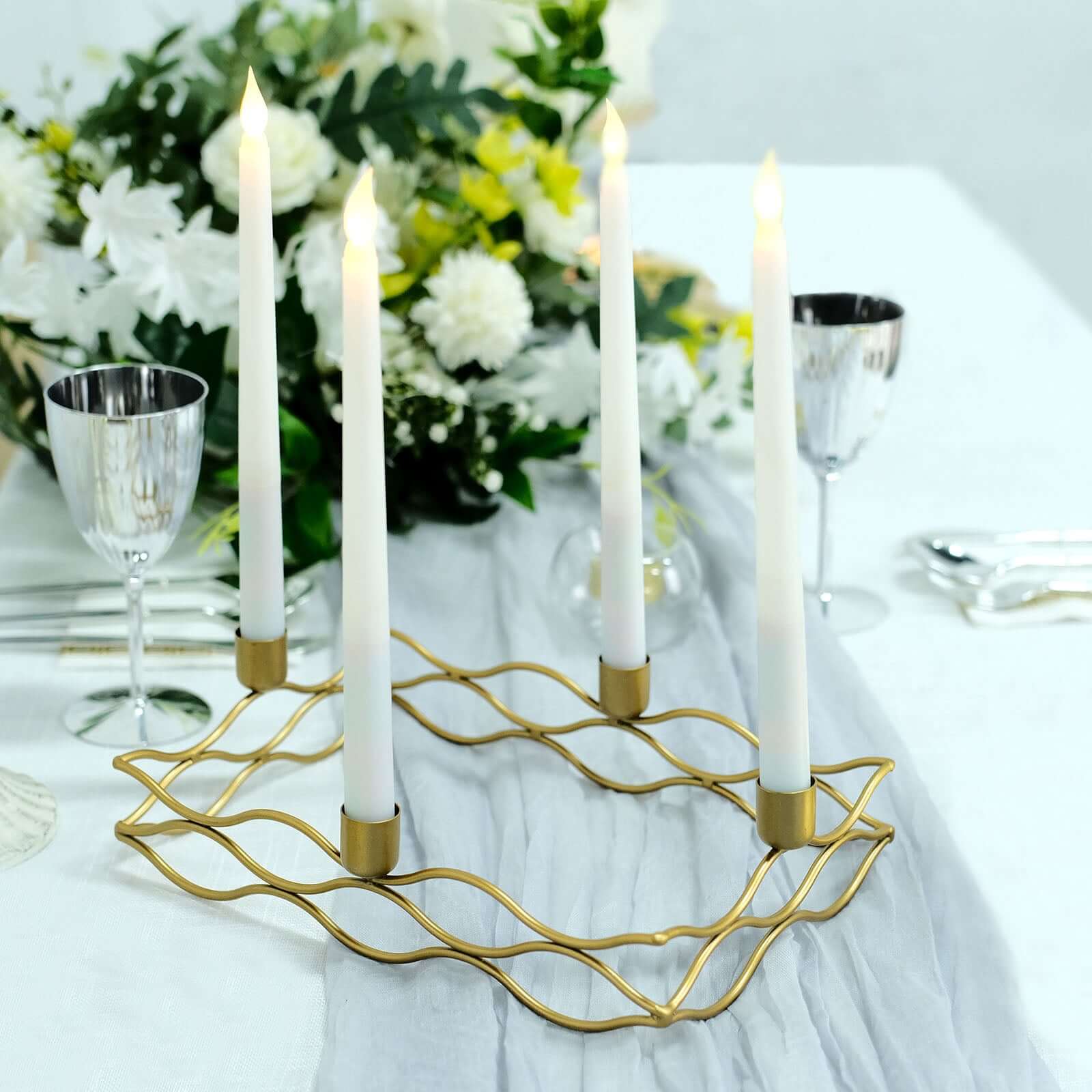 Rectangular Taper Wreath Candelabra 4 Arm Gold Metal Candle Holder Centerpiece - Stylish Wedding Decor 12"x8"