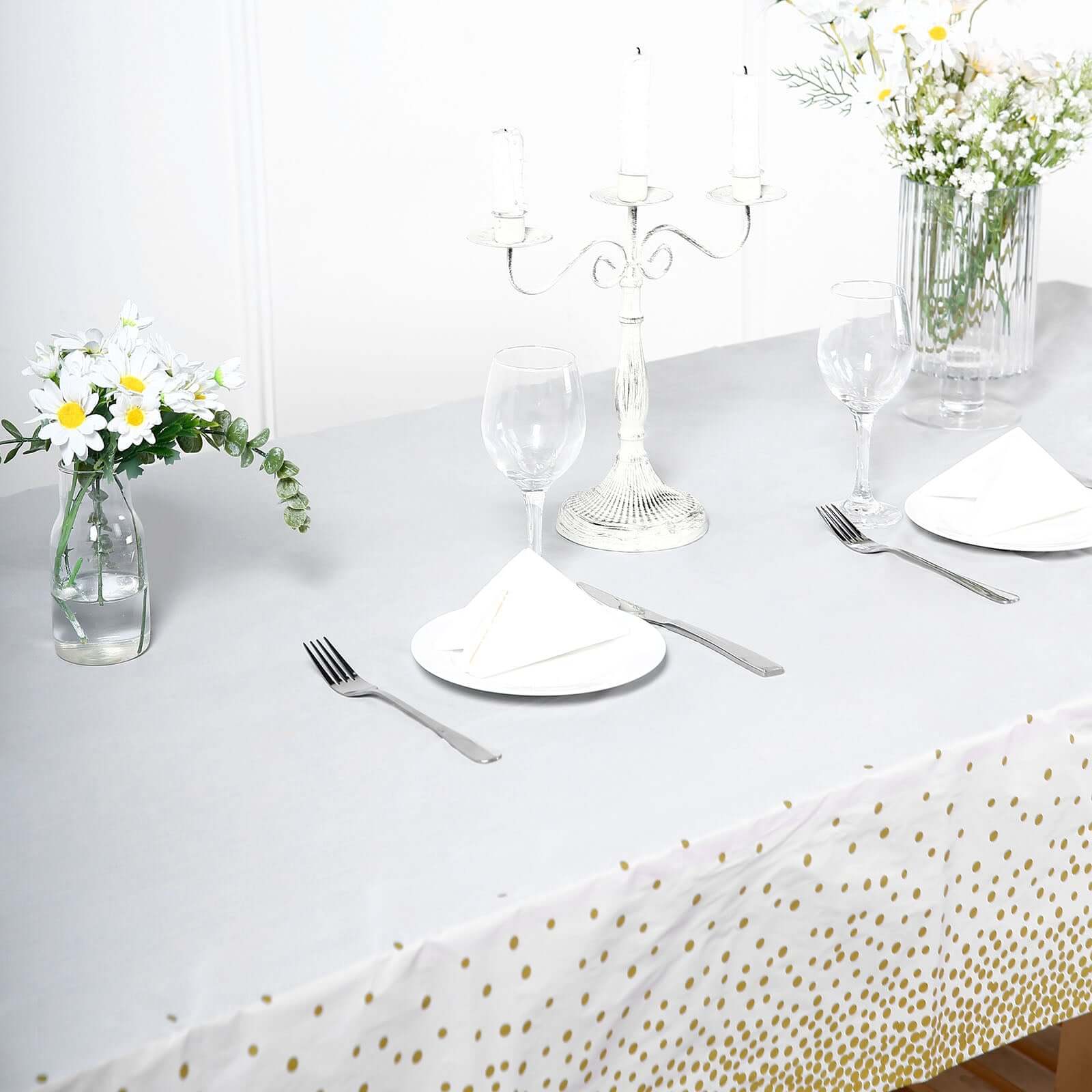 5-Pack Plastic Table Covers White Rectangle with Gold Confetti Dots - Durable PVC Disposable Tablecloths for Events 54"x108"