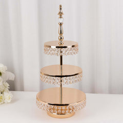 3-Tier Cake Stand Crystal Beaded Gold with Round Mirror Top - Metal Cupcake Tower Dessert Display 26"