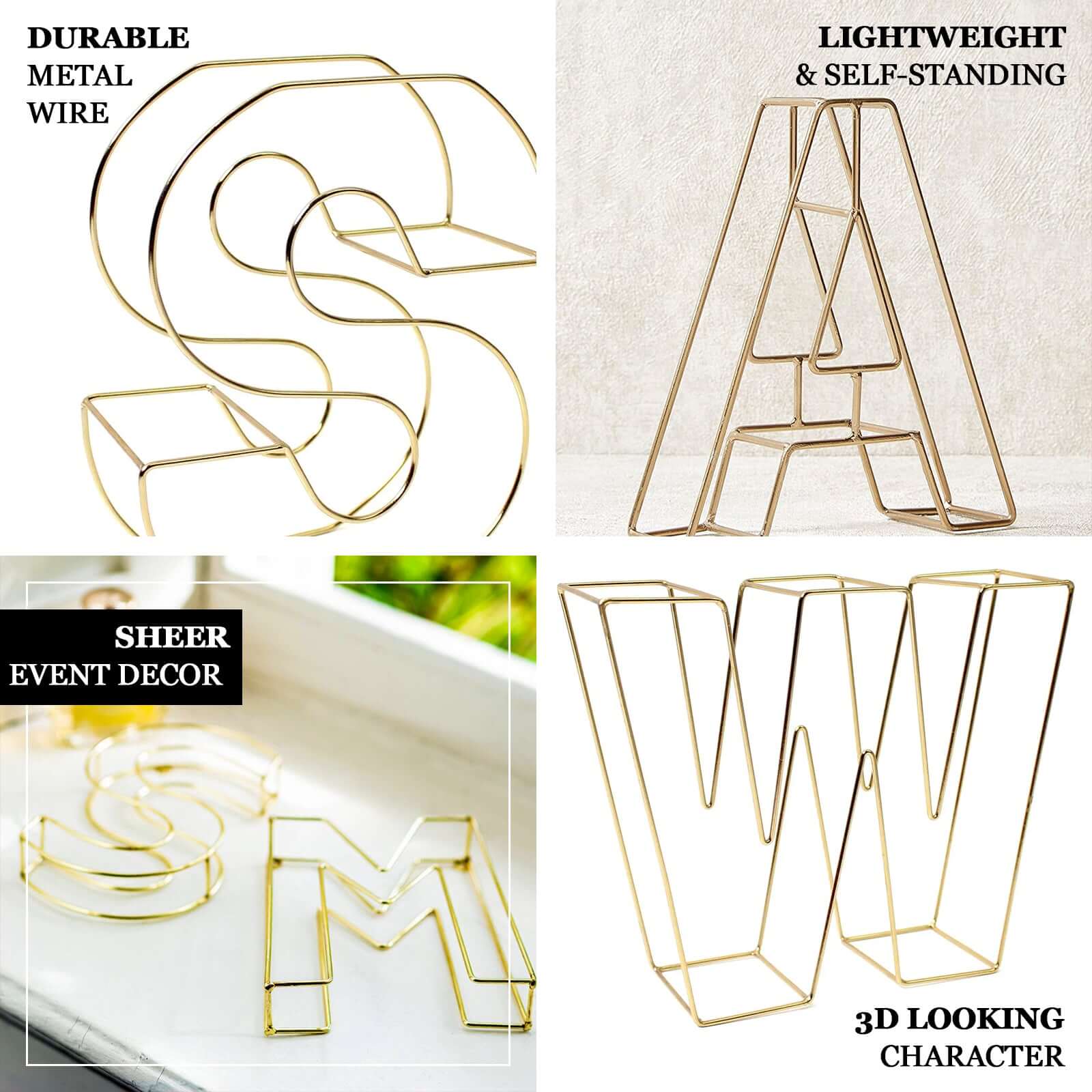 8" Tall Gold Freestanding 3D Decorative Wire Letter, Wedding Centerpiece - I