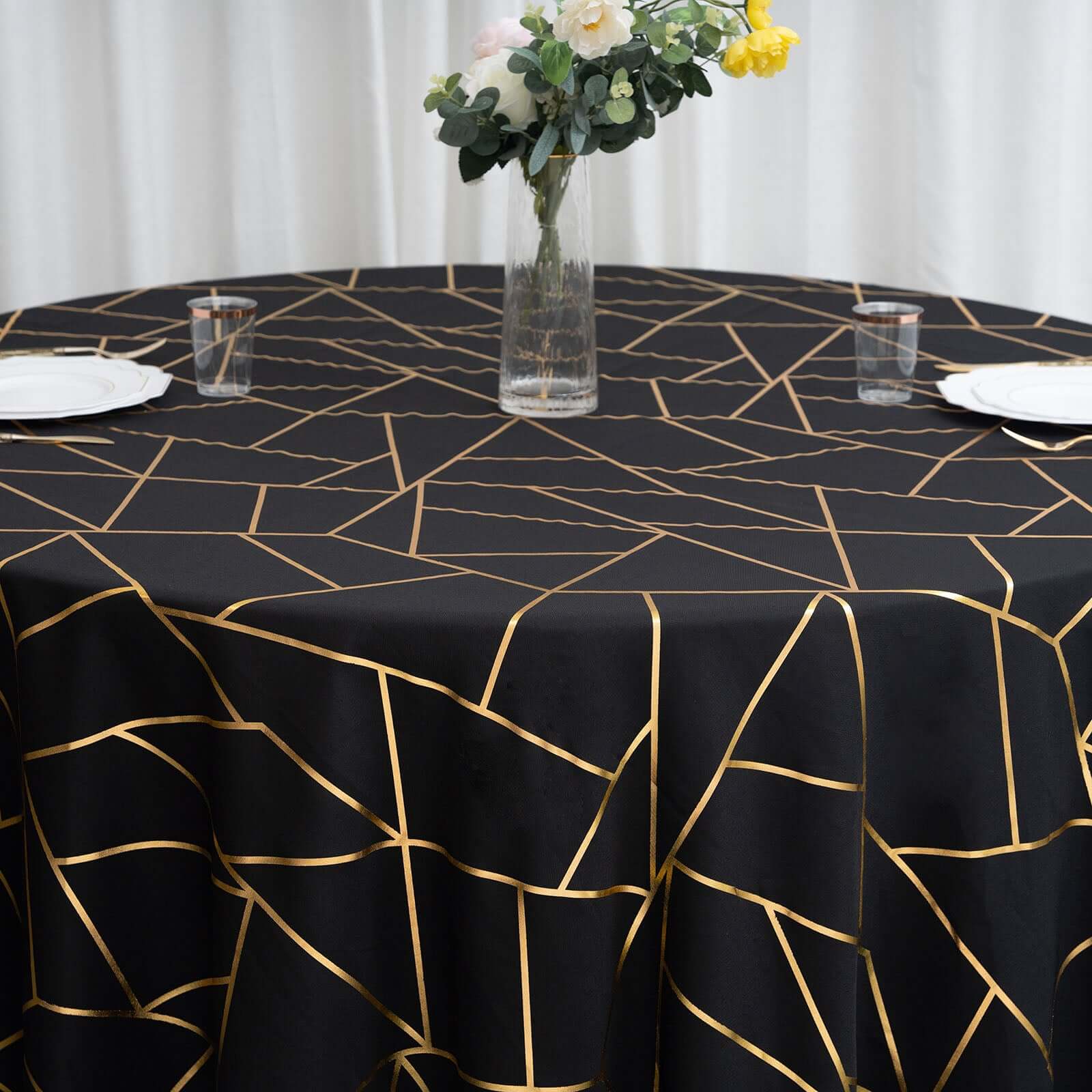 Polyester 120" Round Tablecloth Black with Gold Foil Geometric Pattern Wrinkle-Resistant Seamless Table Cover