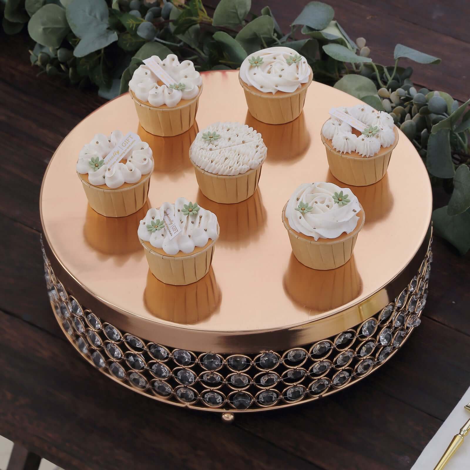 Metal Cake Stand Pedestal Crystal Beaded Design Gold - Cupcake Display and Dessert Riser 14"