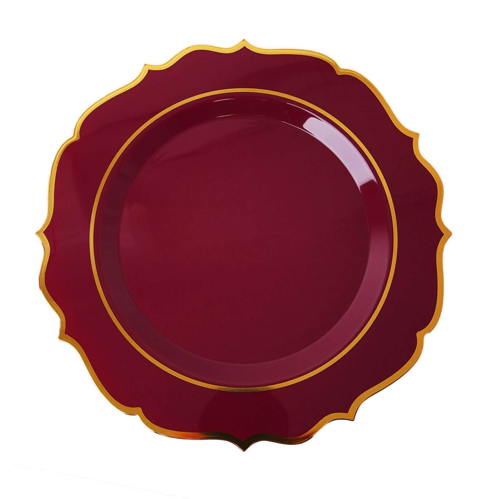 10-Pack Plastic 10" Round Dinner Plates in Burgundy with Gold Scalloped Rim - Disposable Party Plates
