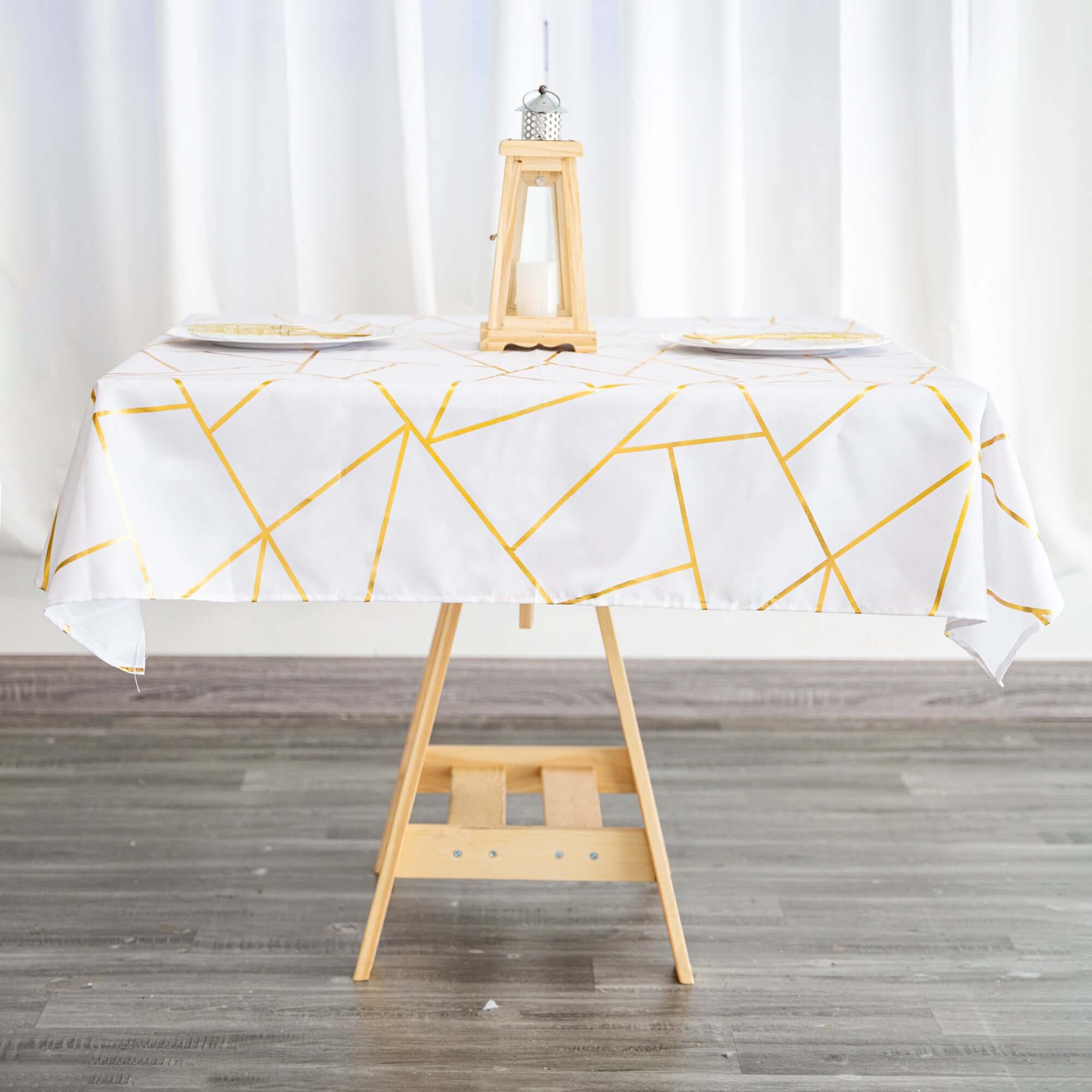 Polyester 54"x54" Table Overlay Square Tablecloth White with Gold Foil Geometric Pattern - Wrinkle-Resistant & Durable for Stylish Settings