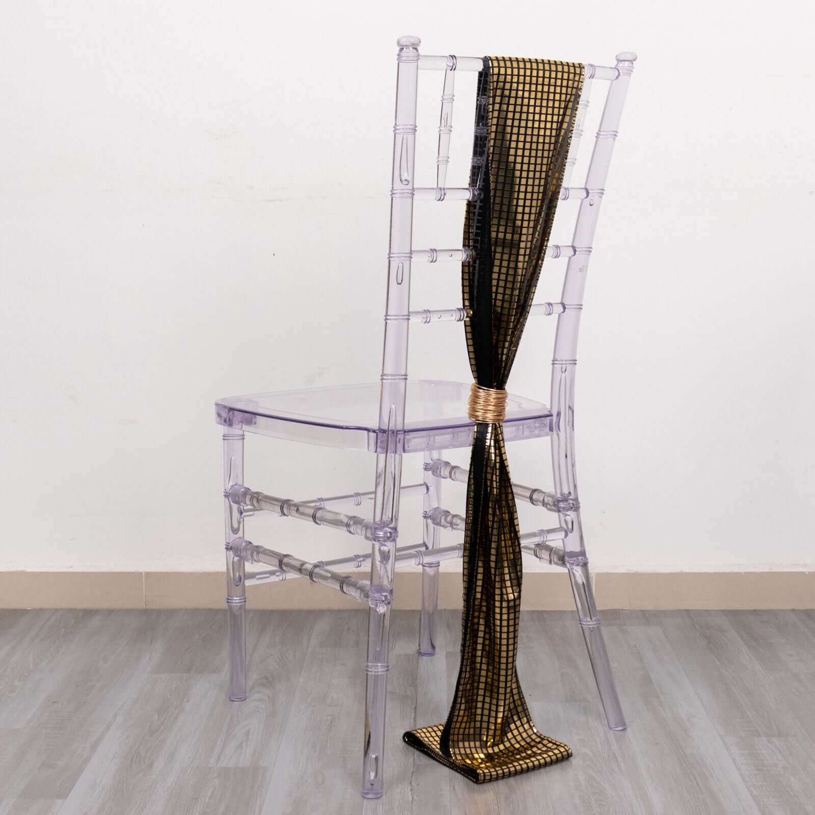5 Pack Chair Sashes Shiny Foil Polyester 6"x108" Black/Gold - Stylish Disco Mirror Ball Event Decor