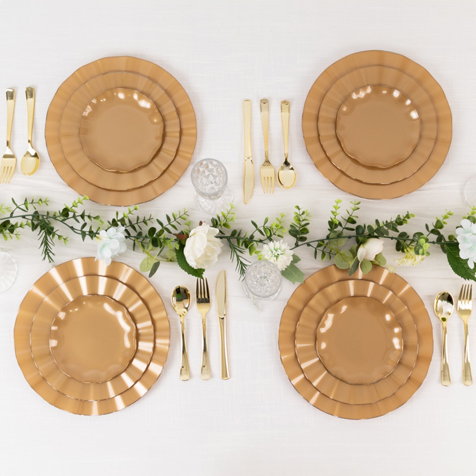 10-Pack Plastic Round 6" Dessert Plates in Gold with Ruffled Rim - Sturdy Disposable Salad Appetizer Dinnerware for Classy Events & Banquets