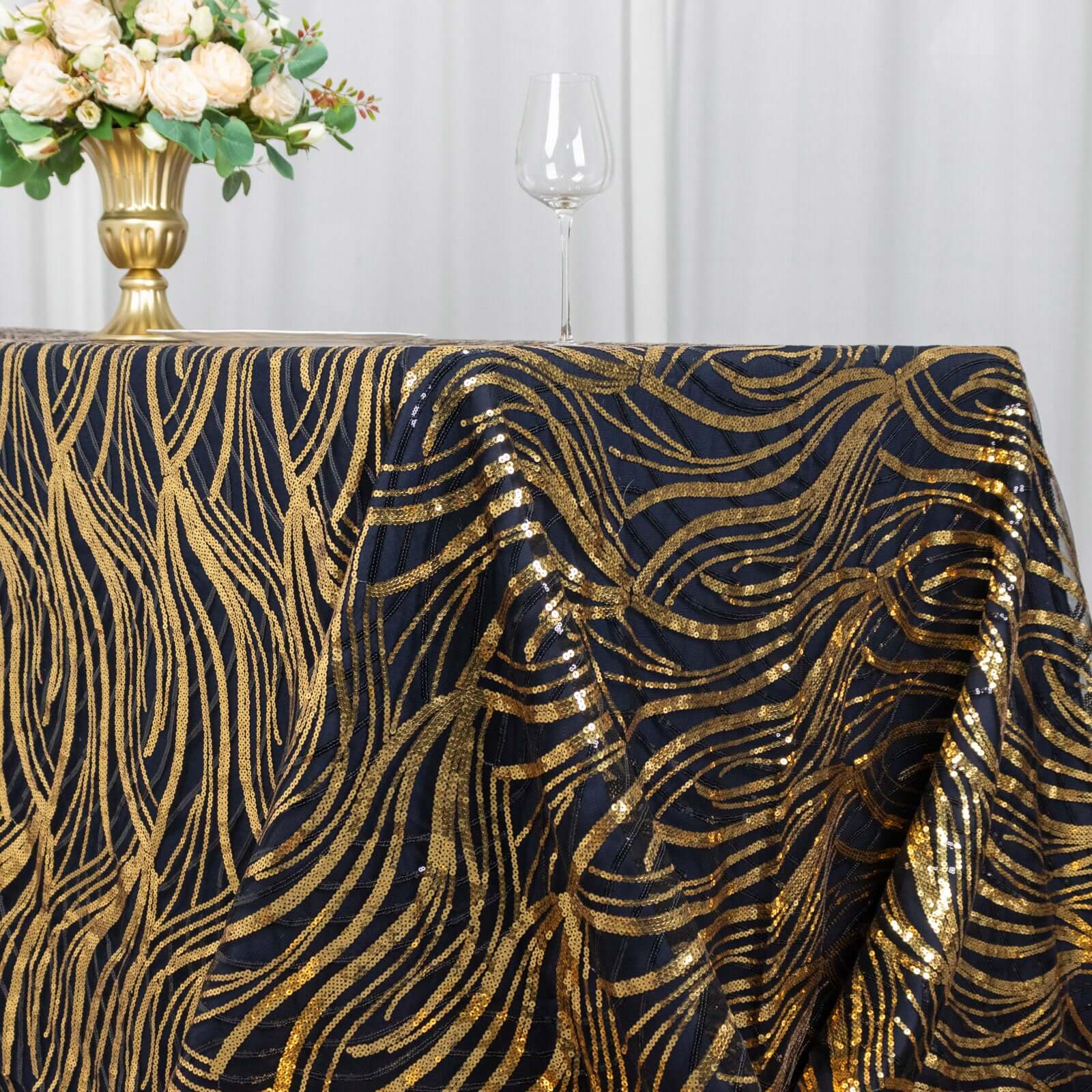 Mesh 90"x156" Rectangle Tablecloth Black/Gold - Wave Sequin Embroidered Table Cover