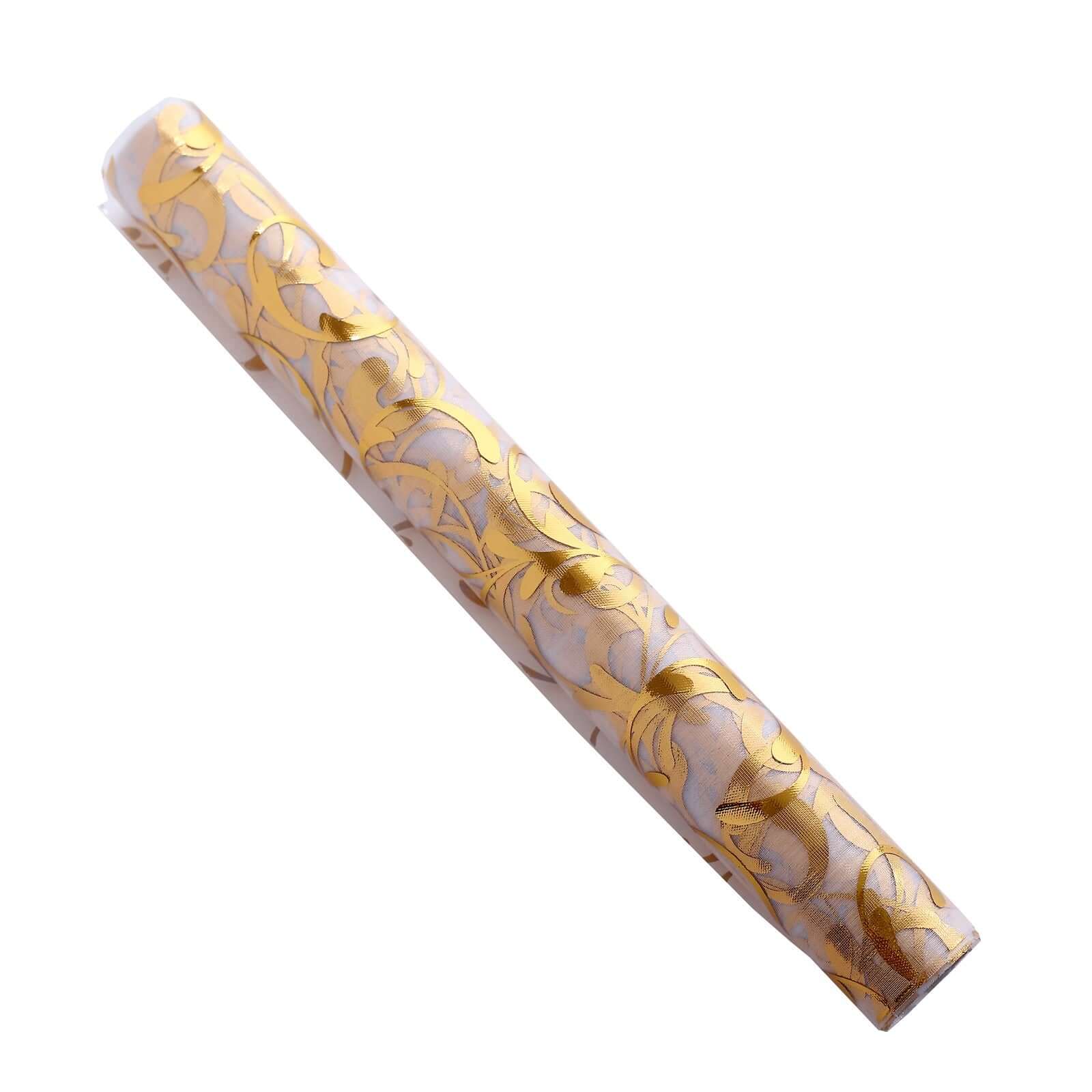 Sheer Organza 12"x108" Table Runner Roll Metallic Gold Foil Embossed Floral Design - Stylish Event Decoration