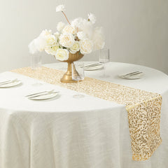 5 Pack Organza Mesh 11"x108" Table Runner Rolls White with Gold Foil Leaf Vines - Disposable Stylish & Chic Table Decor