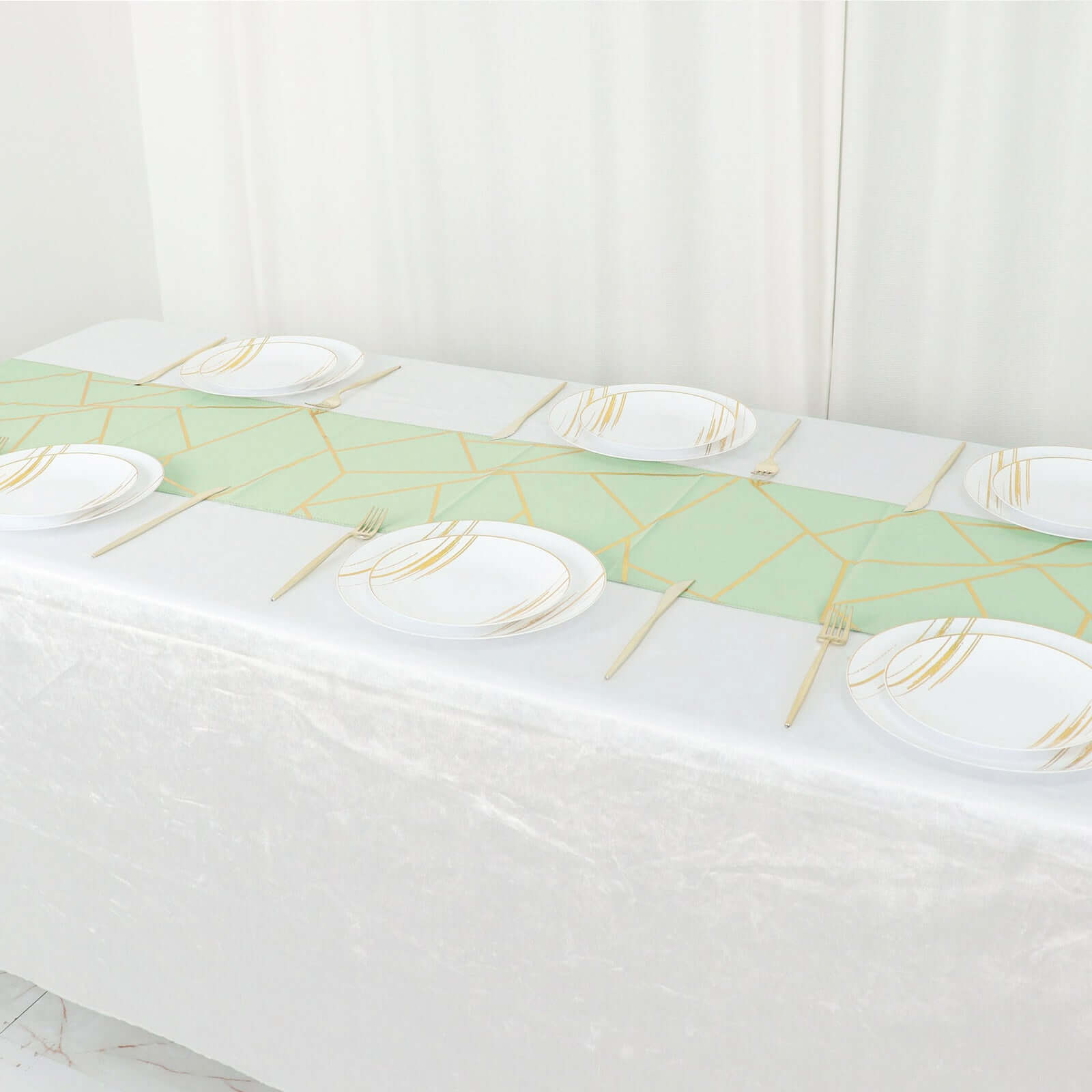 Polyester 9ft Table Runner Sage Green with Gold Foil Modern Geometric Accent