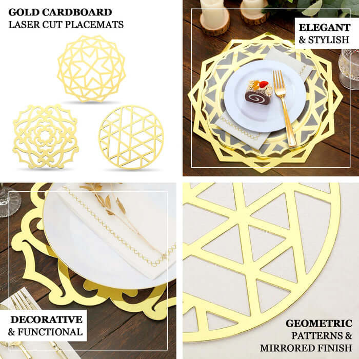 6-Pack Disposable Table Placemats in Metallic Gold Laser Cut Geometric Star Design - 700GSM Cardboard Placemats for Glamorous Table Settings 13"