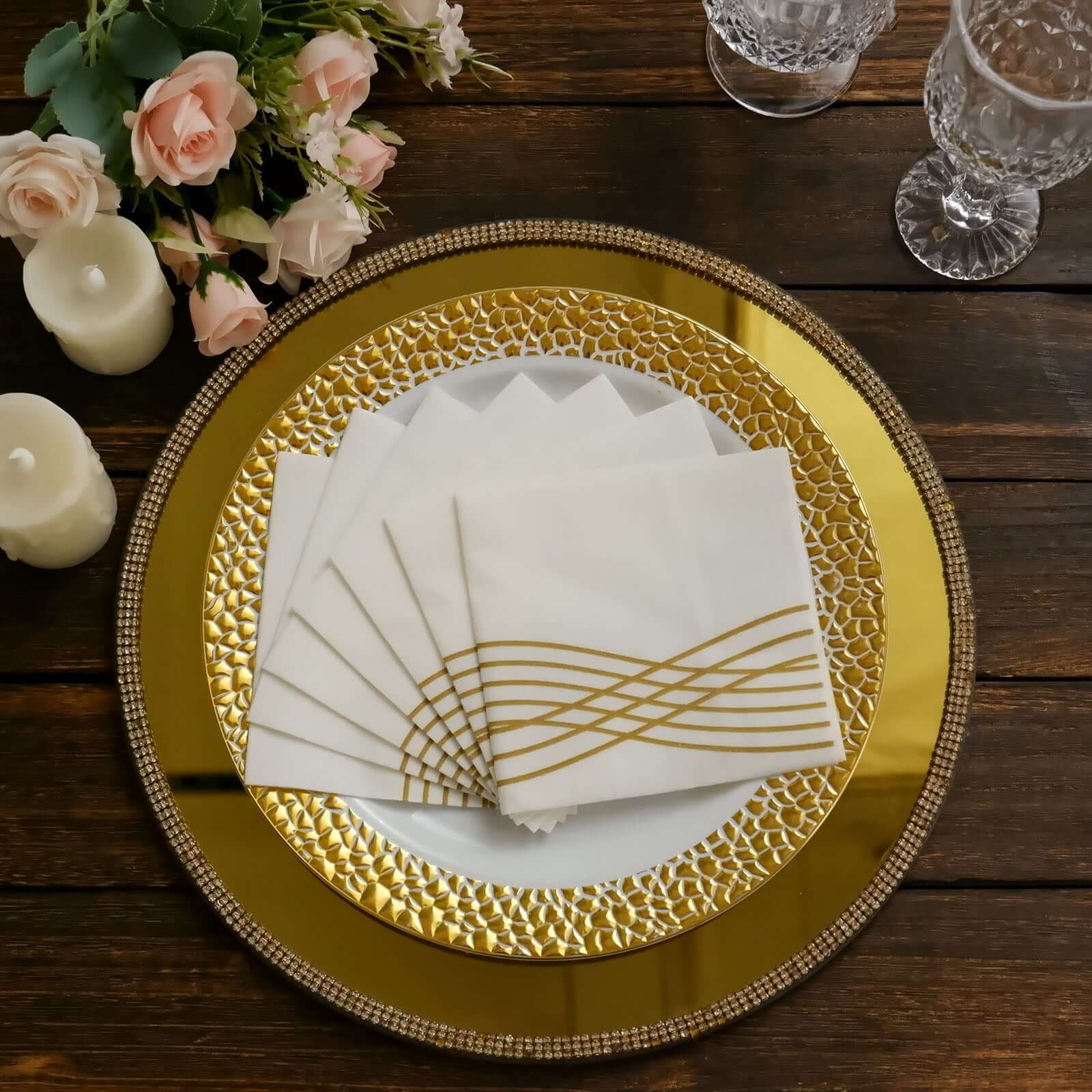 20 Pack Linen-Like Paper 5"x5" Napkins White with Gold Foil Wave Design - Classy Disposable Airlaid Cocktail Napkins
