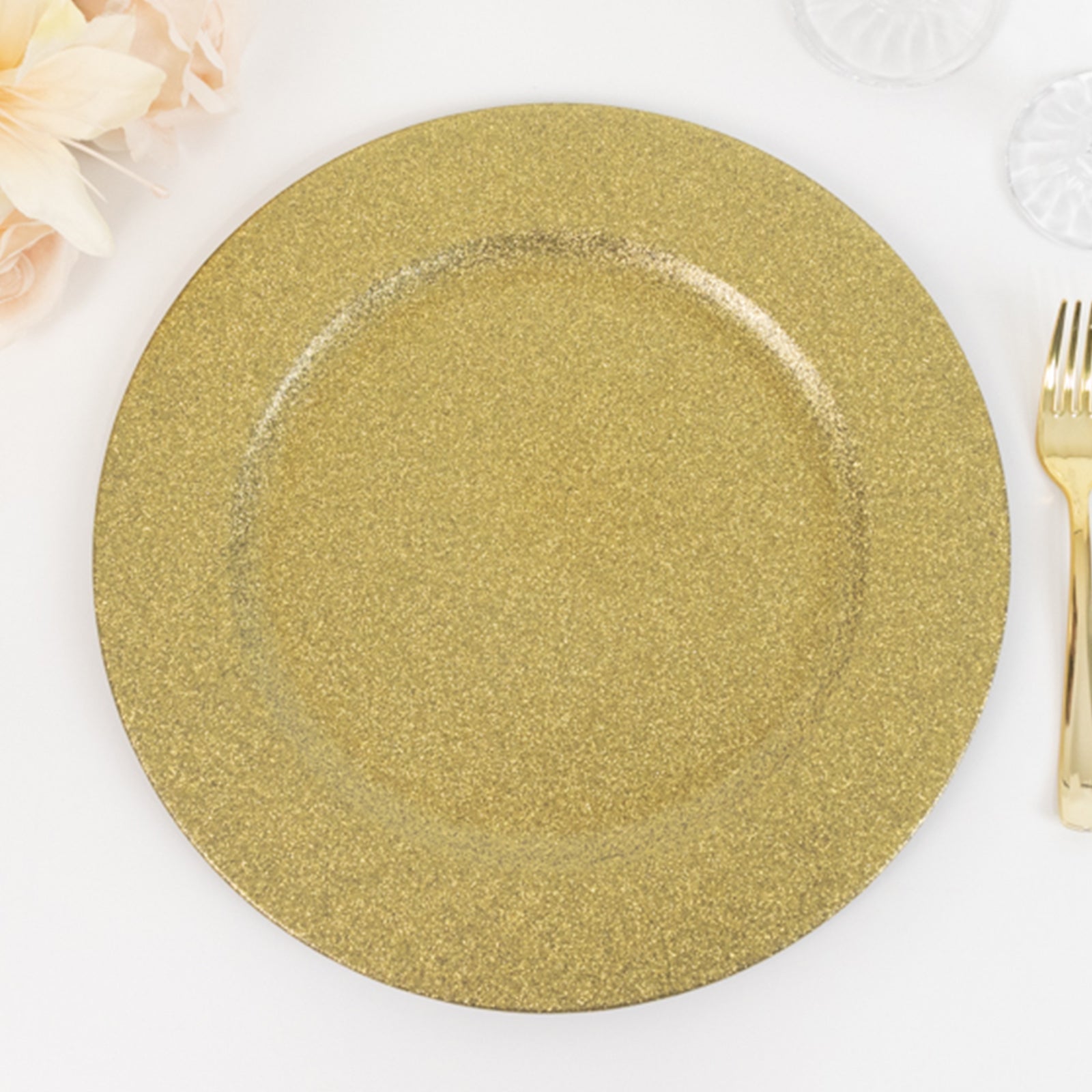 6-Pack Acrylic Plastic Round Charger Plates 13" in Gold with Dust Free Glitter Finish, Decorative Dinner Party Charger Tableware