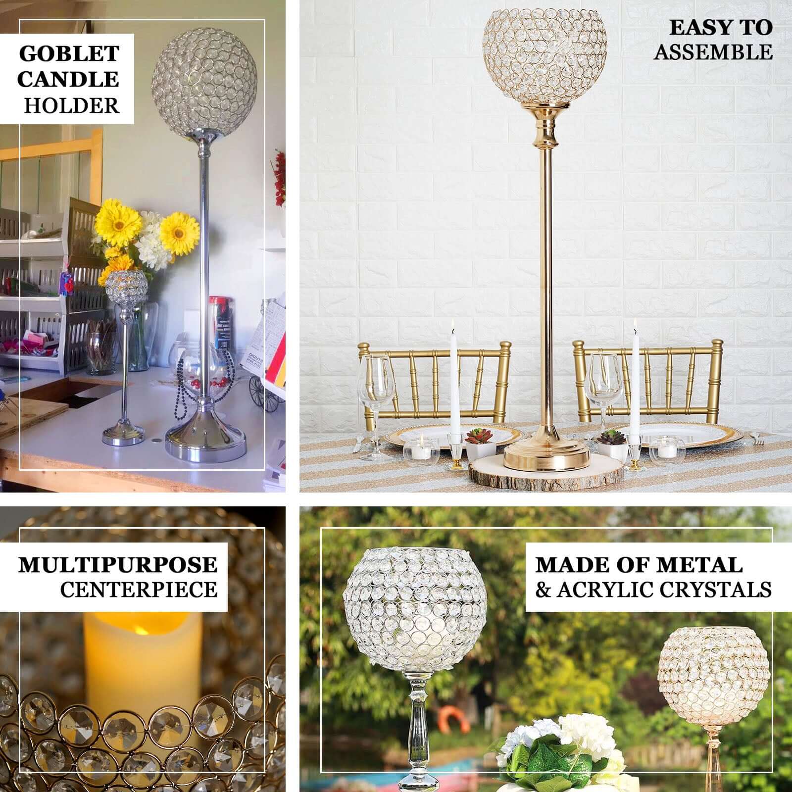 Acrylic Votive Candle Holder Crystal Goblet Design Gold - Table Centerpiece for Weddings 37"