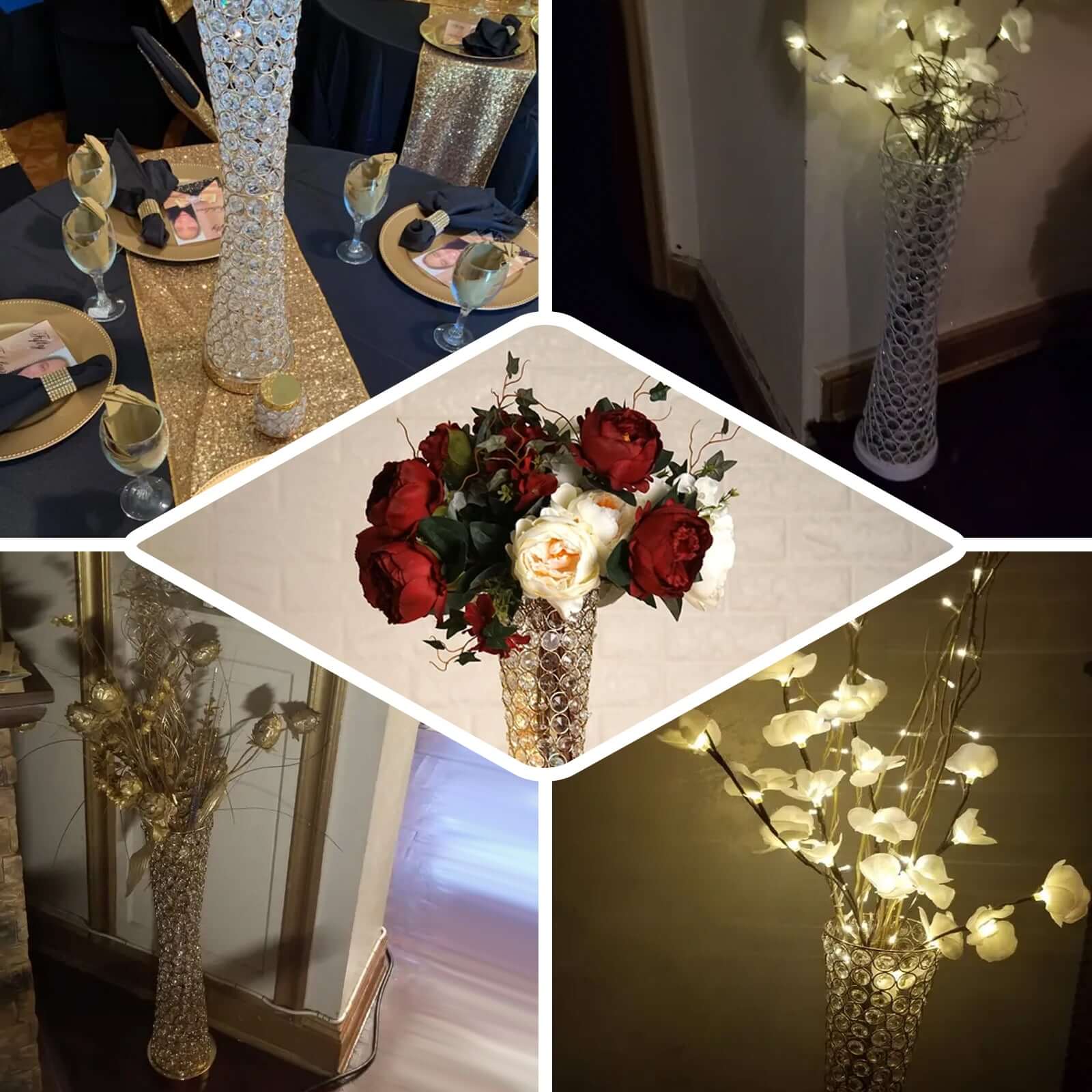 Metal Hurricane Floral Vase Centerpiece Metallic Gold with Crystal Beaded Design - Table Decorative Stand 24"