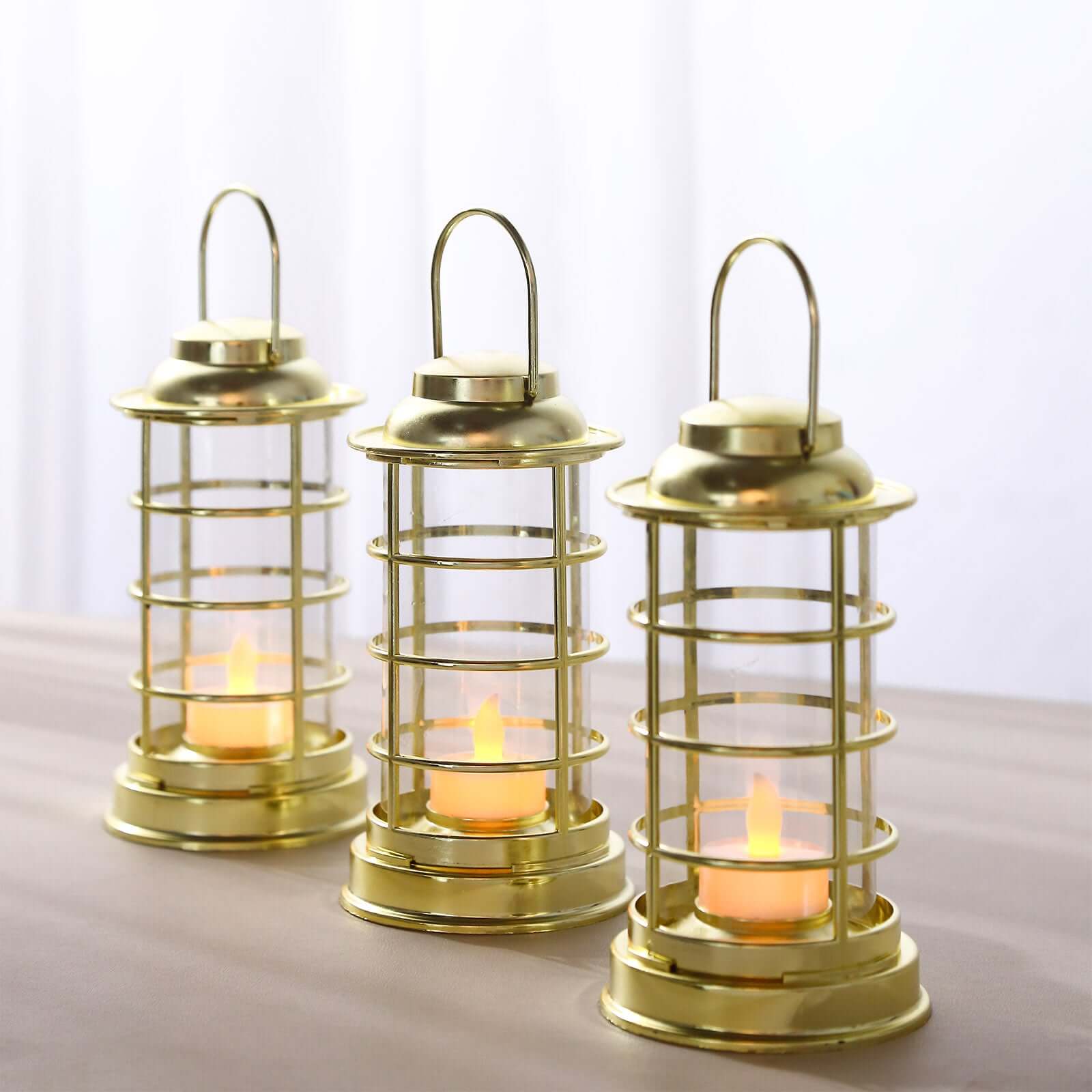 3-Pack LED Tealight Candles Decorative Gold - Battery Operated Mini Lantern Lamps 7"