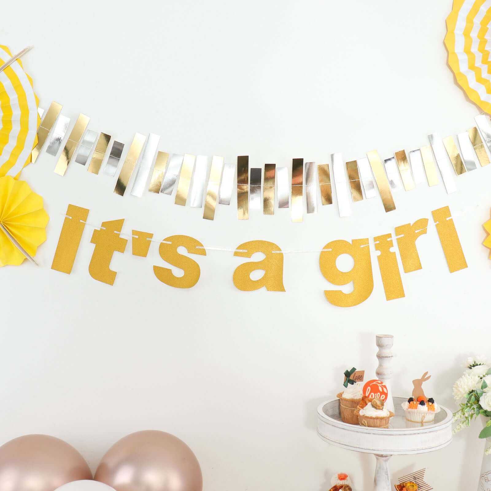 3ft Gold Glittered It's a Girl Paper Hanging Gender Reveal Garland Banner, Baby Shower Banner