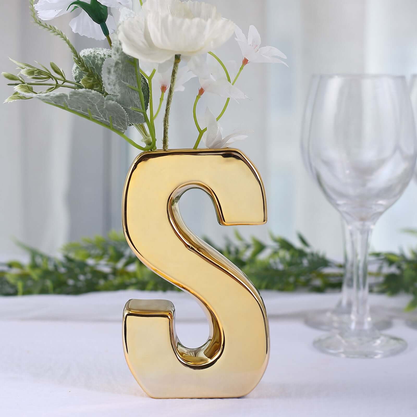 Shiny Ceramic Vase Letter "S" Gold Plated - Chic Bud Planter Pot for Events & Decor 6"