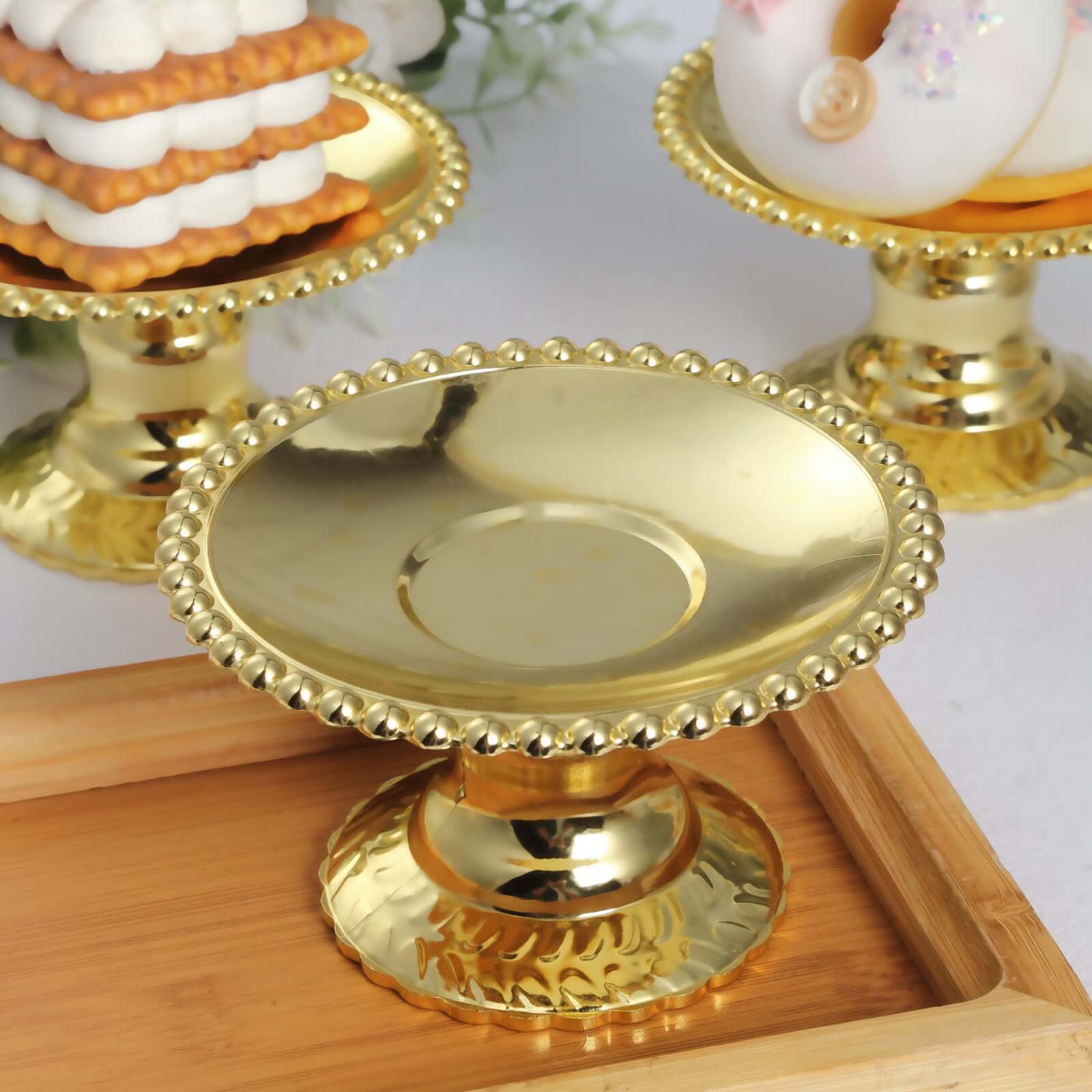 12-Pack Plastic Pedestal Cupcake Plates Mini Gold Mirror Finish Beaded Rim - Great for Displays 5"