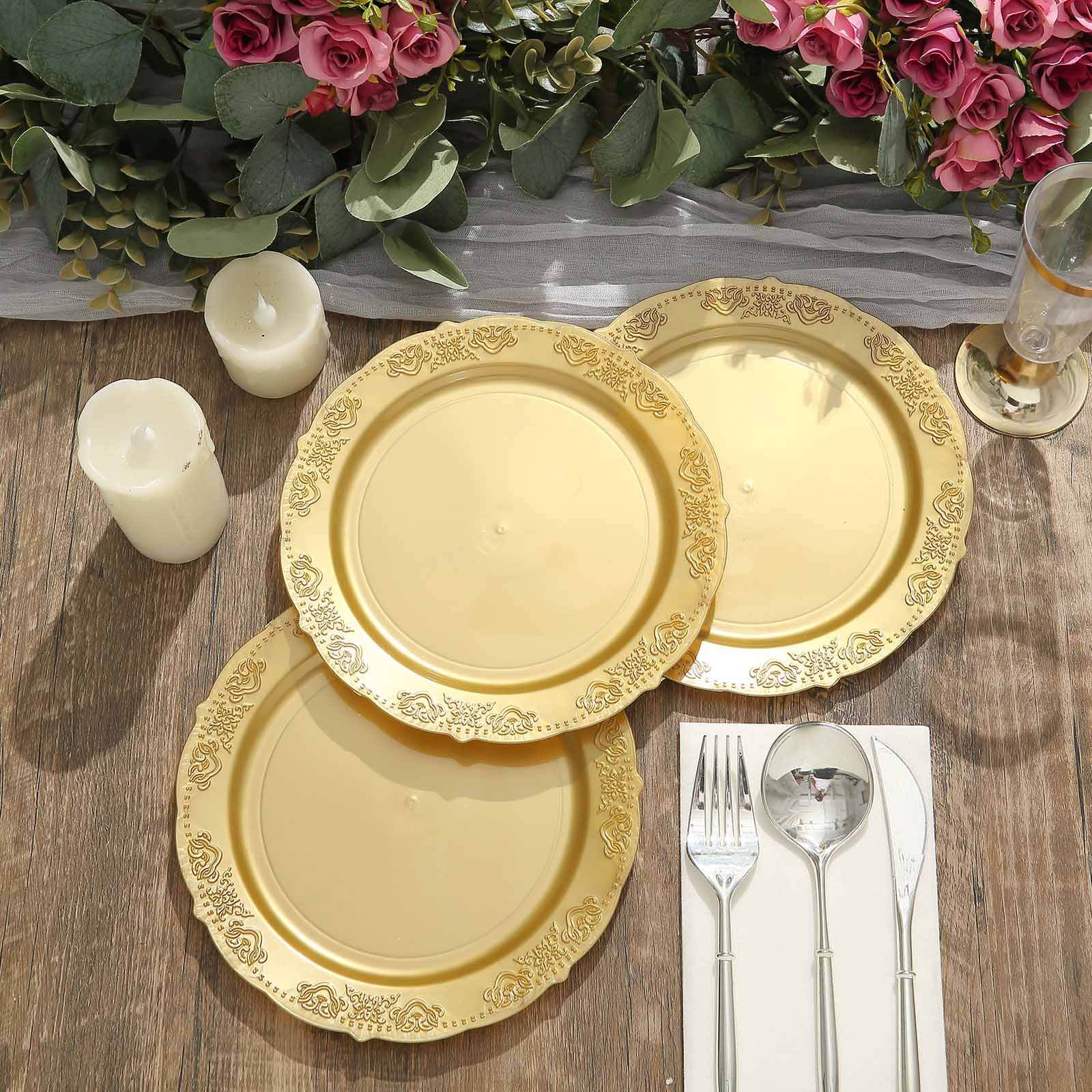 10-Pack Plastic 7.5" Round Appetizer Plates Gold Embossed Scalloped Edge - Chic Disposable Salad Plates for Special Occasions & Banquets