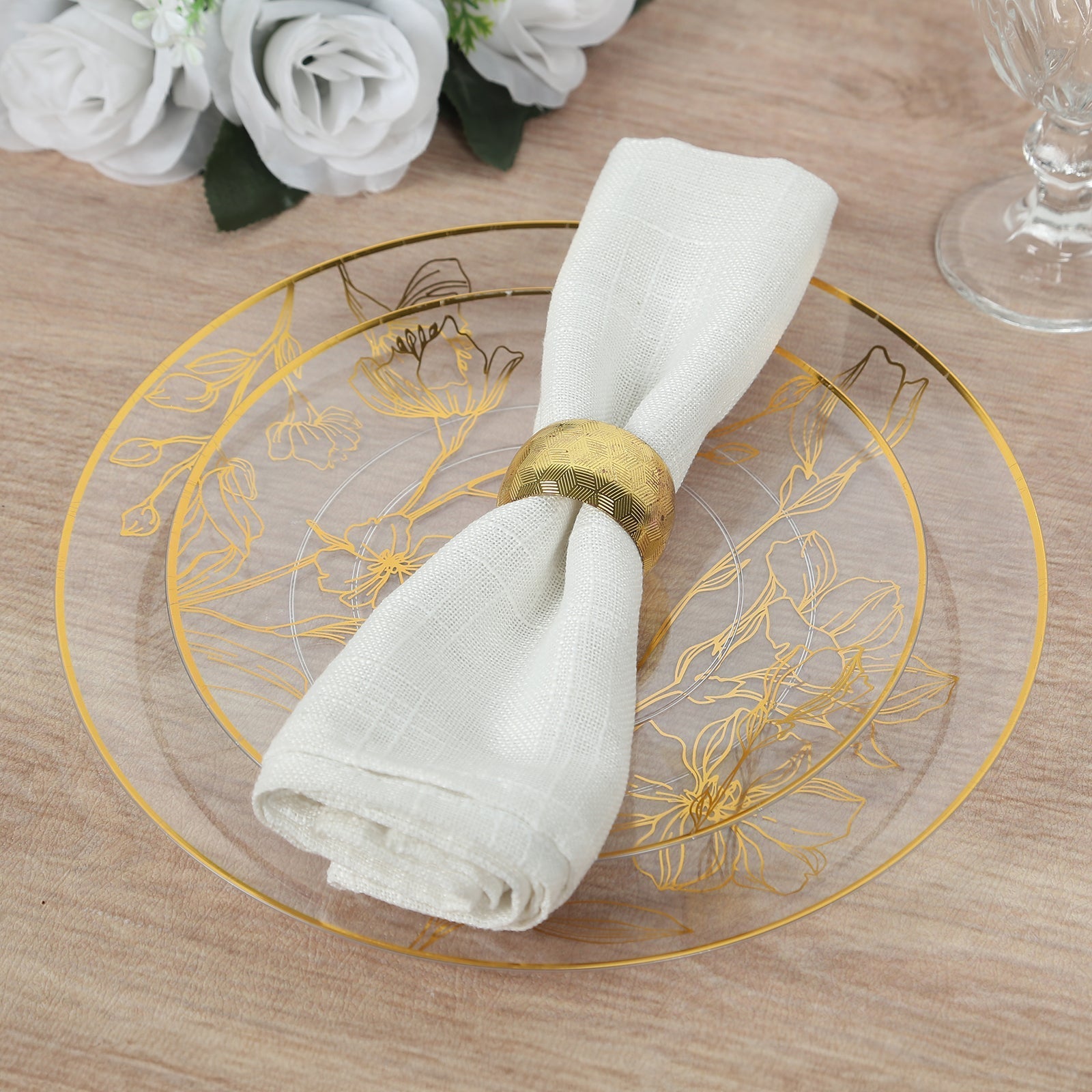 Set of 20 Plastic Round Dinner and Dessert Plates in Clear with Metallic Gold Floral Design - Stylish Disposable Dinnerware 8", 10"