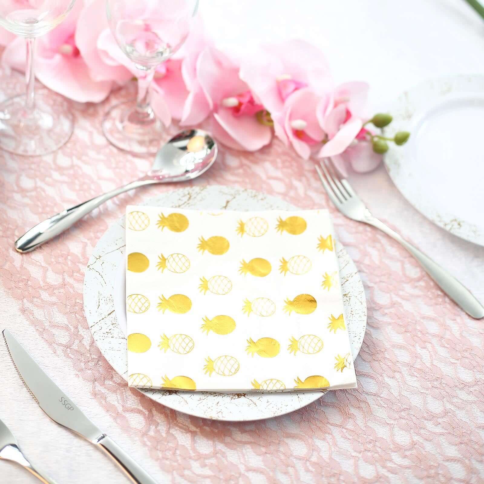 20-Pack Paper Dinner Napkins with Pineapple Design Metallic Gold - Disposable 3 Ply Cocktail Napkins for Parties