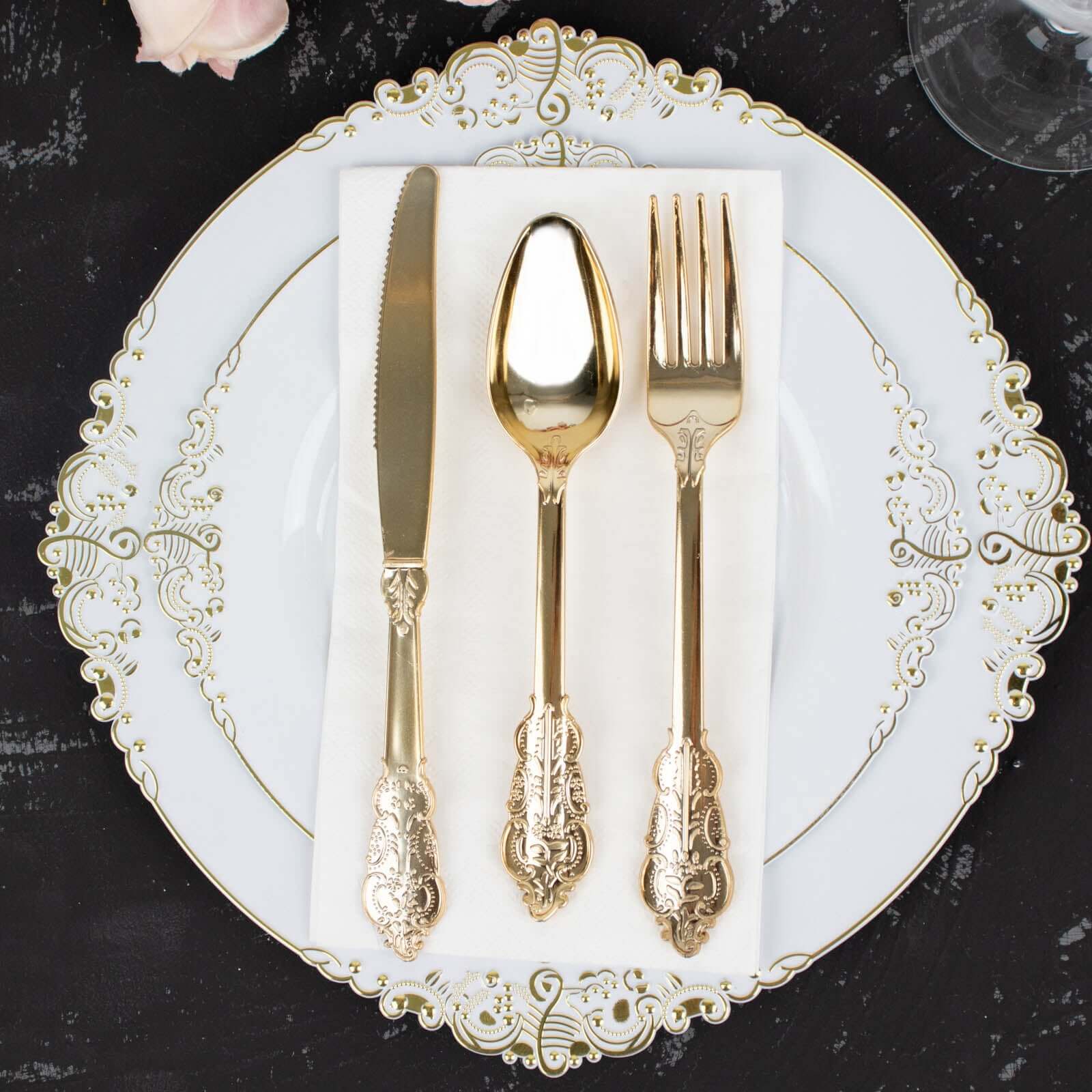 24 Pcs Plastic Silverware Set in Baroque Style Metallic Gold - Heavy Duty Disposable Knife, Fork, and Spoon Set