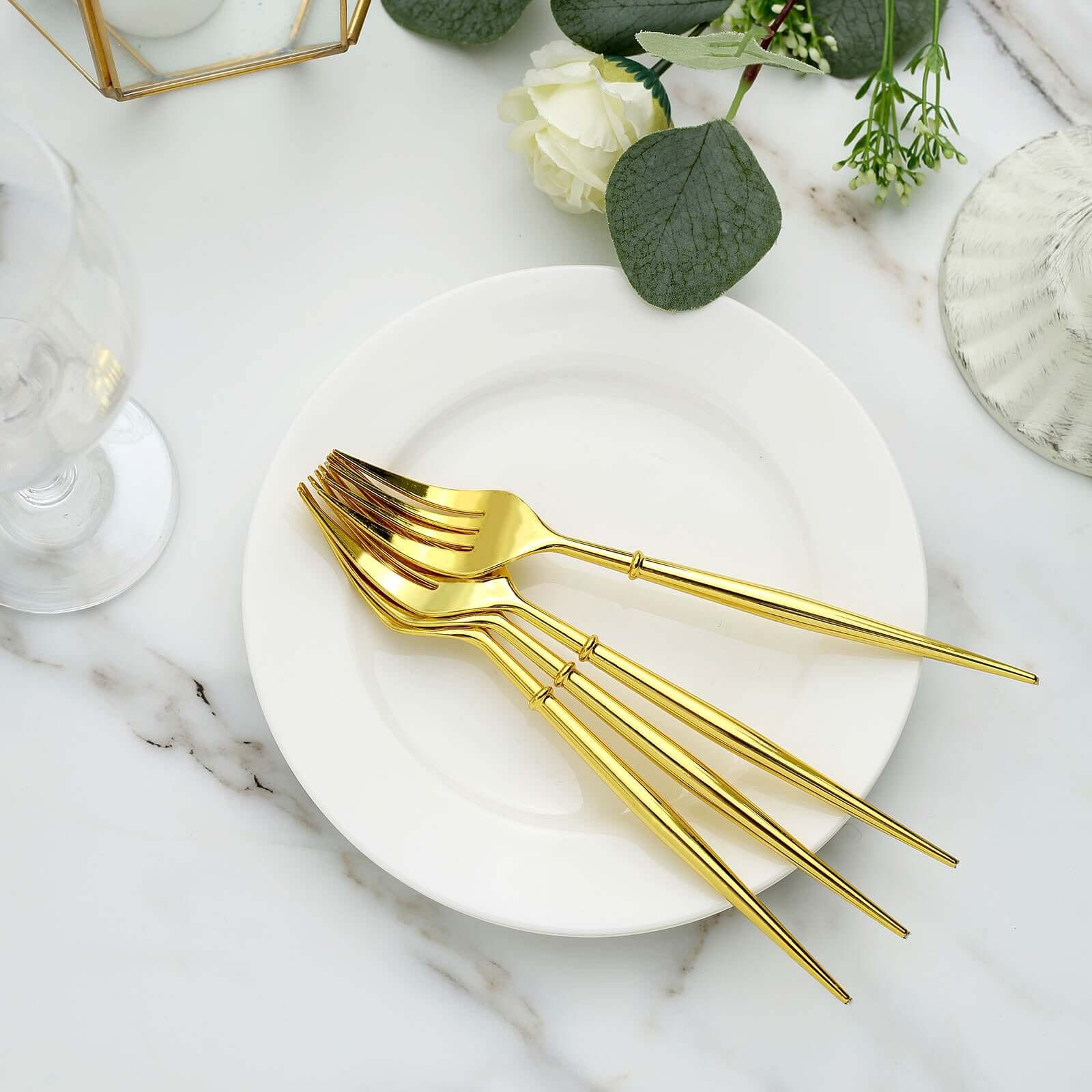 24-Pack Plastic Forks Modern Flatware Gold - Premium Heavy Duty Disposable Silverware 8"
