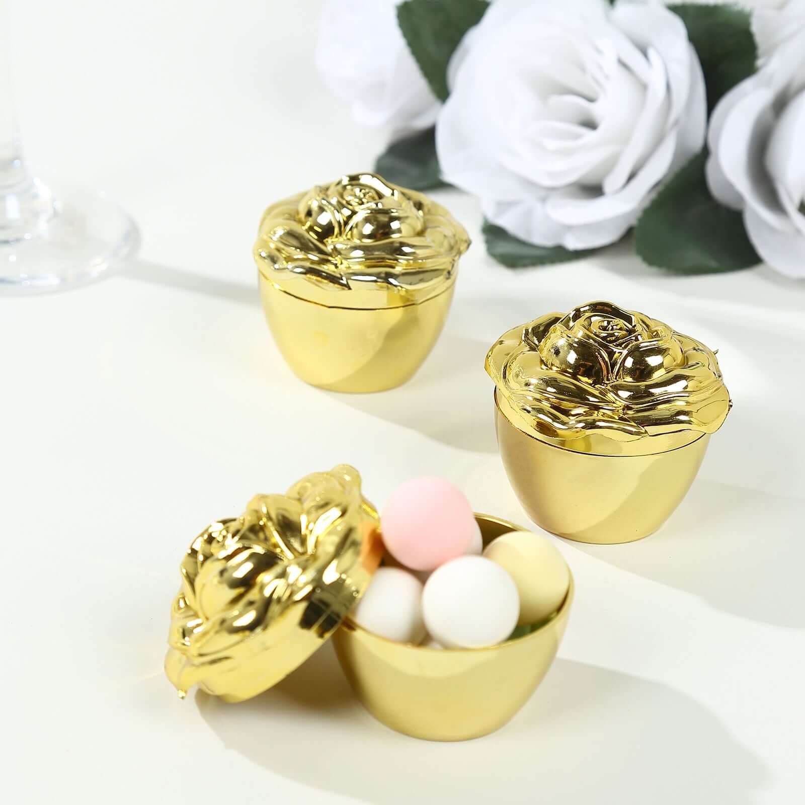20-Pack Plastic Fillable Mini Candy Container in Vintage Rose Style Gold with Lids - Stylish Candy Treat Favor Boxes 2"