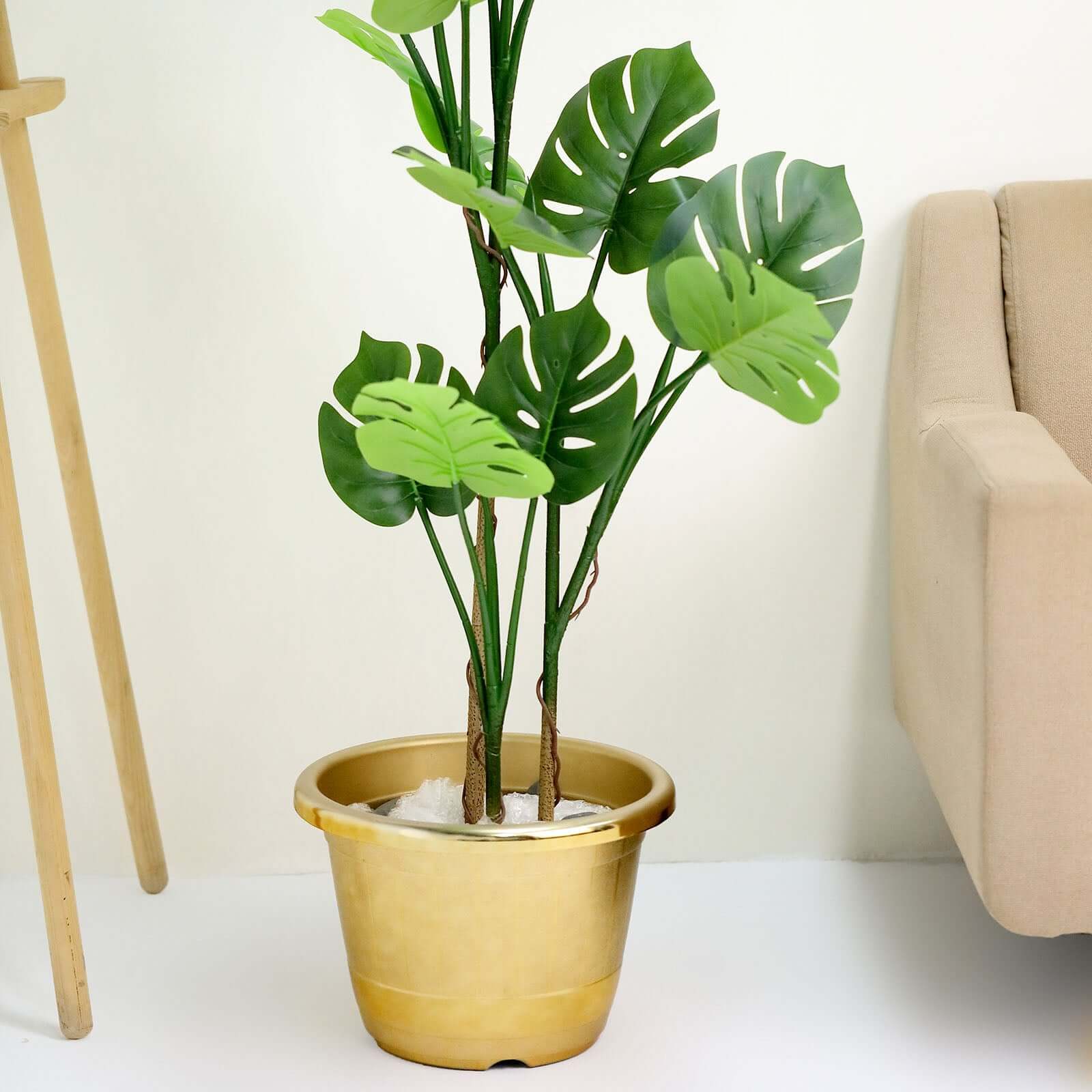 14" Gold Shiny Finished Rim Large Barrel Planter Pot, Indoor Outdoor Decorative Flower Pot