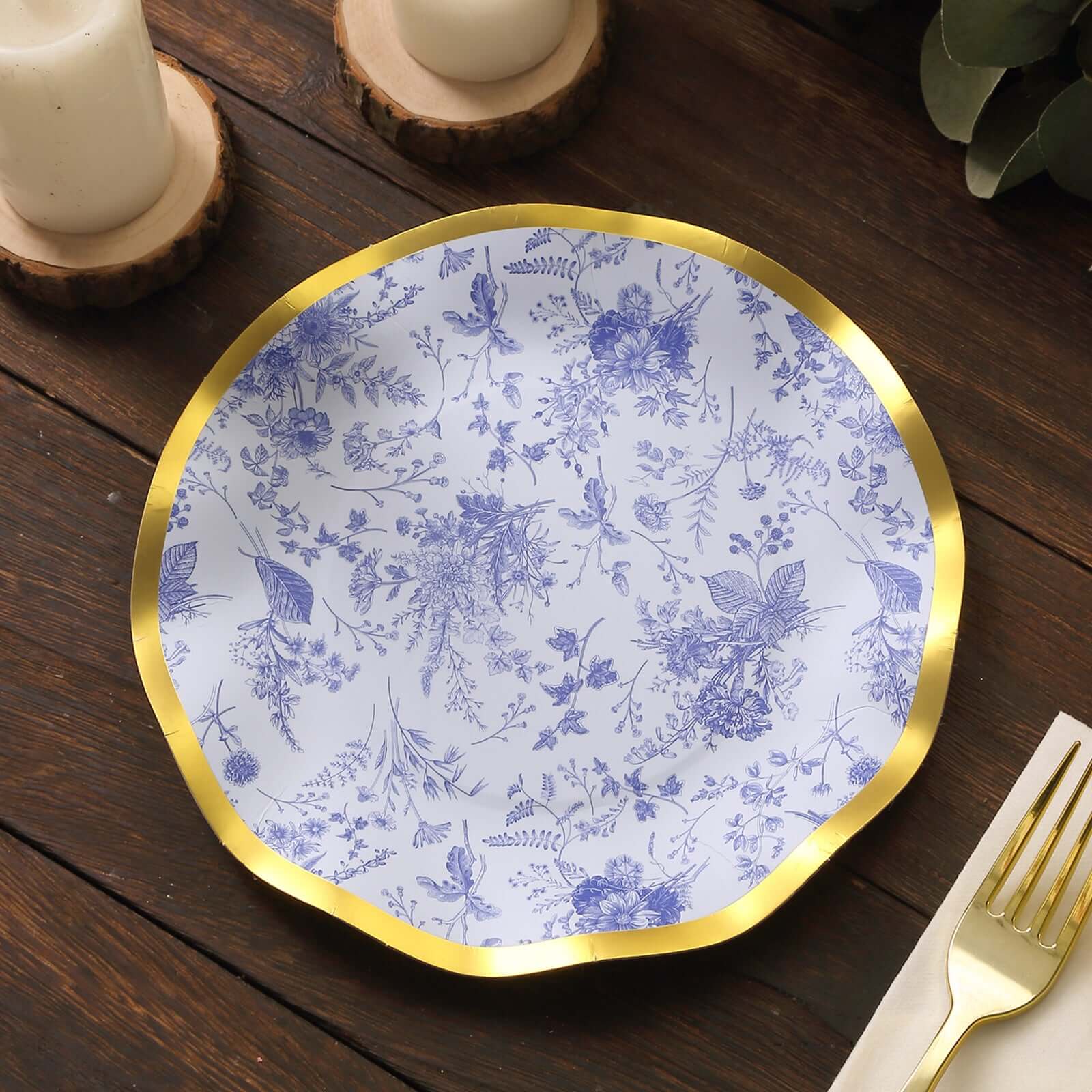 25-Pack Paper Round Dessert Plates 8" in White with Blue French Toile Pattern & Gold Wavy Rim - Disposable 350GSM Salad Plates